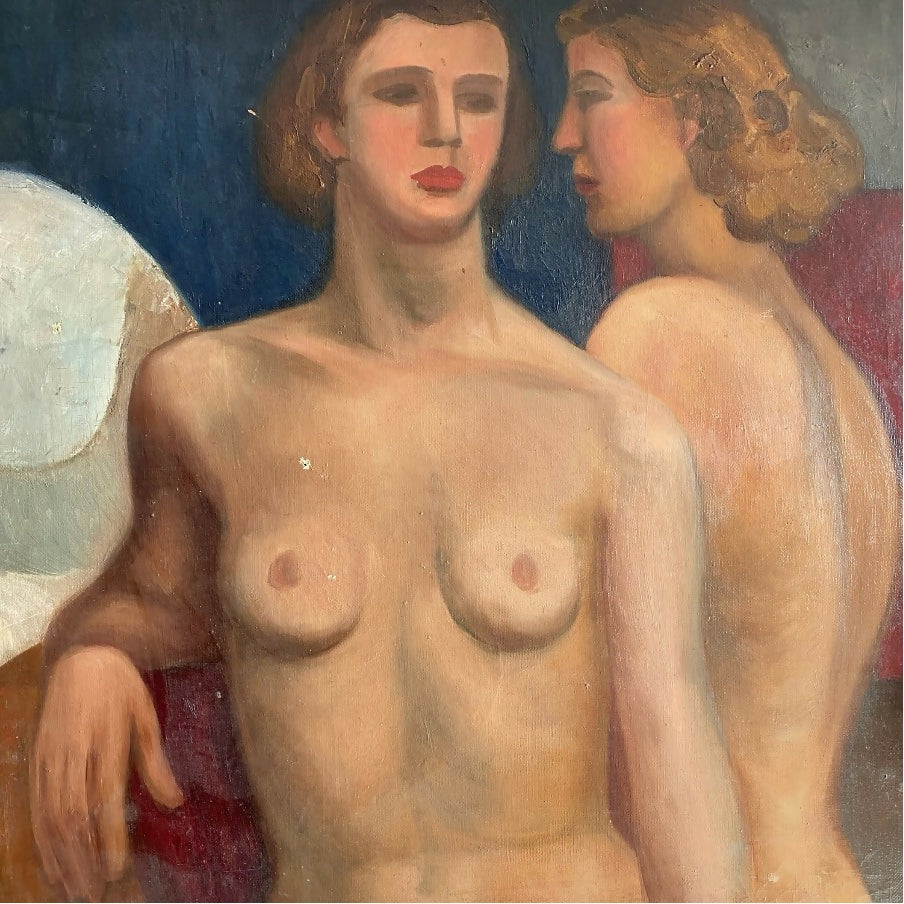 This image features a captivating 1930s German oil painting of female figures, displayed on a wall above a mantelpiece. The artwork is a striking study of the human form  available  to buy on the-salon.com. SALON curates the finest , unique, handmade pieces from the interior industry's best makers and brands. Shop luxury furniture, lighting, rugs, art, antiques and vintage pieces and accessories from SALON interior designed rooms.