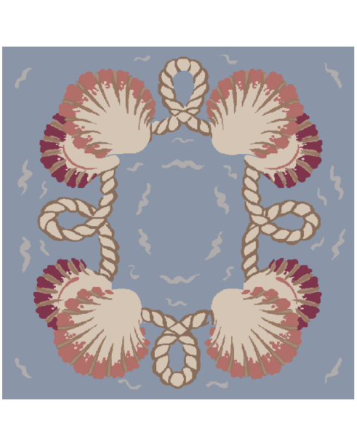 A square graphic design featuring a symmetrical nautical pattern of beige seashells with dusty pink and dark red accents, connected by thick beige rope, set against a muted blue-gray background with small white wave details.