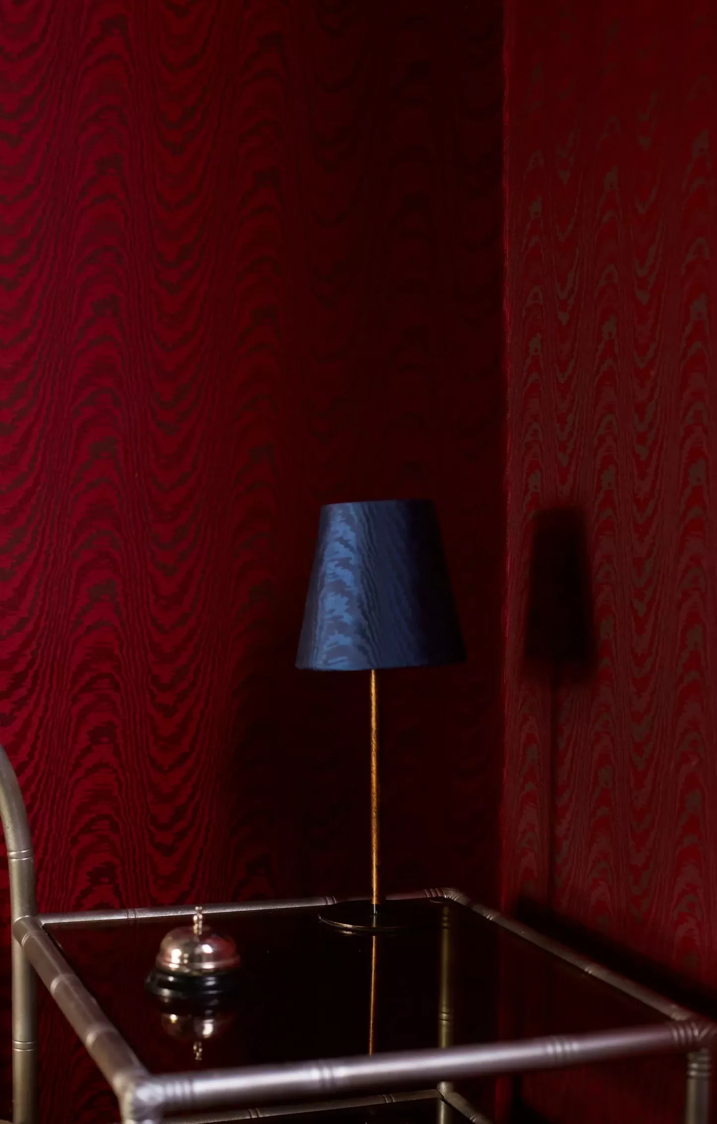 Blue moiré pattern fabric as a lampshade, available  to buy on the-salon.com. SALON curates the finest , unique, handmade pieces from the interior industry's best makers and brands. Shop luxury furniture, lighting, rugs, art, antiques and vintage pieces and accessories from SALON interior designed rooms.