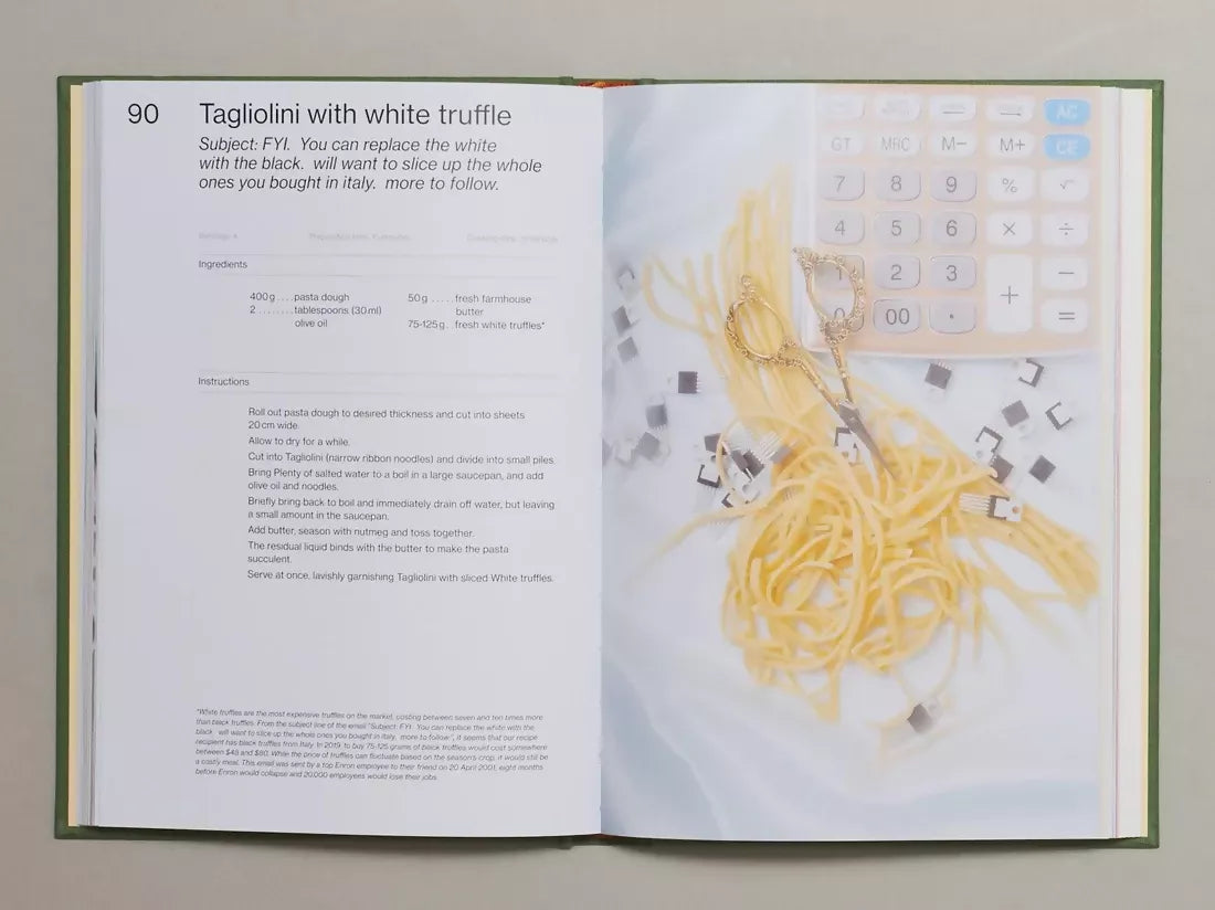 Open book, pages to an image of pasta, scissors, a calculator. The instructions being formatted like an email, available  to buy on the-salon.com. SALON curates the finest , unique, handmade pieces from the interior industry's best makers and brands. Shop luxury furniture, lighting, rugs, art, antiques and vintage pieces and accessories from SALON interior designed rooms.