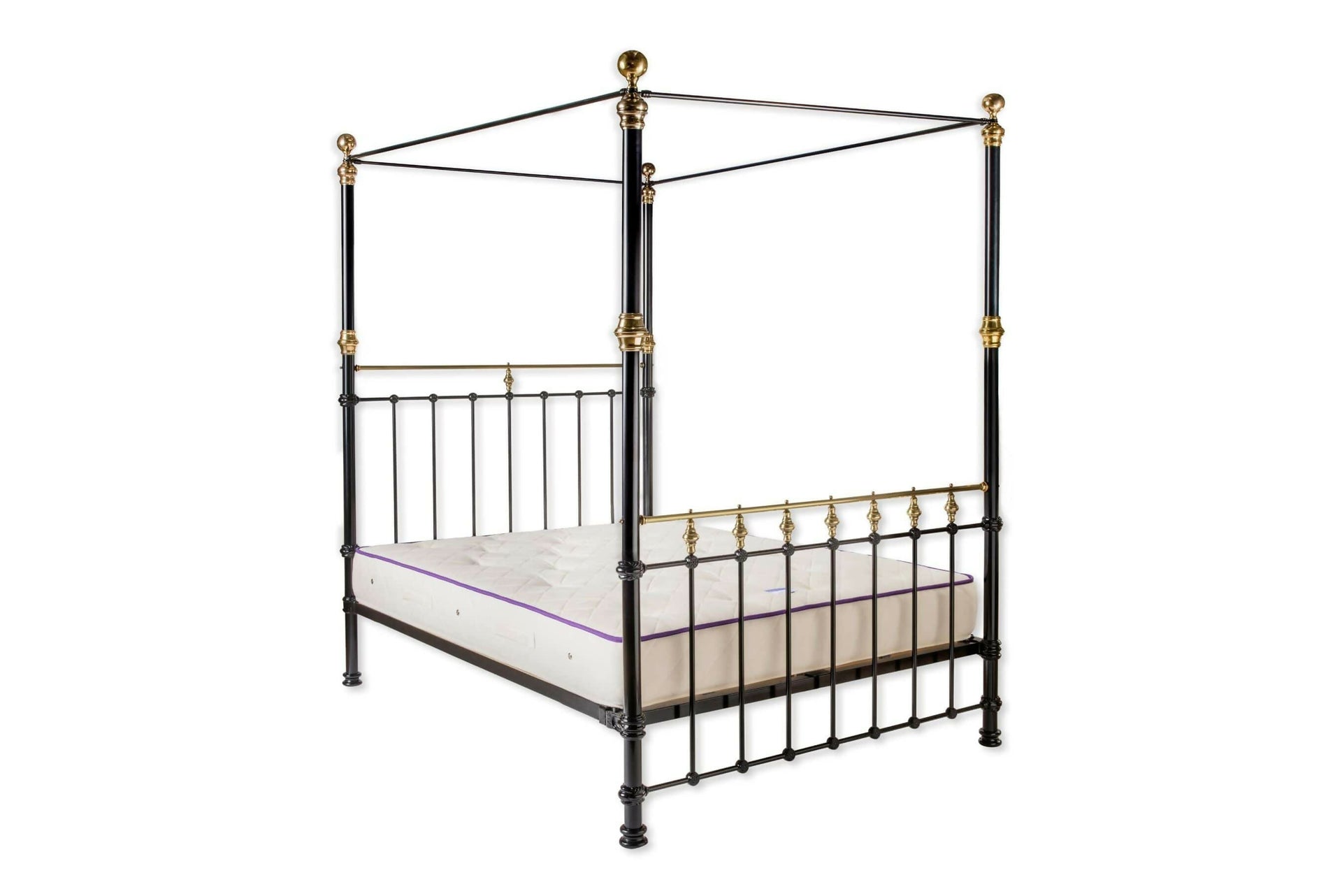 Black metal canopy bed with gold accents on a white background,available to buy from the-salon.com. SALON curates the finest unique handmade pieces from the interior industry's best makers and brands. Shop luxury furniture, lighting, rugs, art, antiques and vintage pieces and accessories from SALON interior designed rooms. 