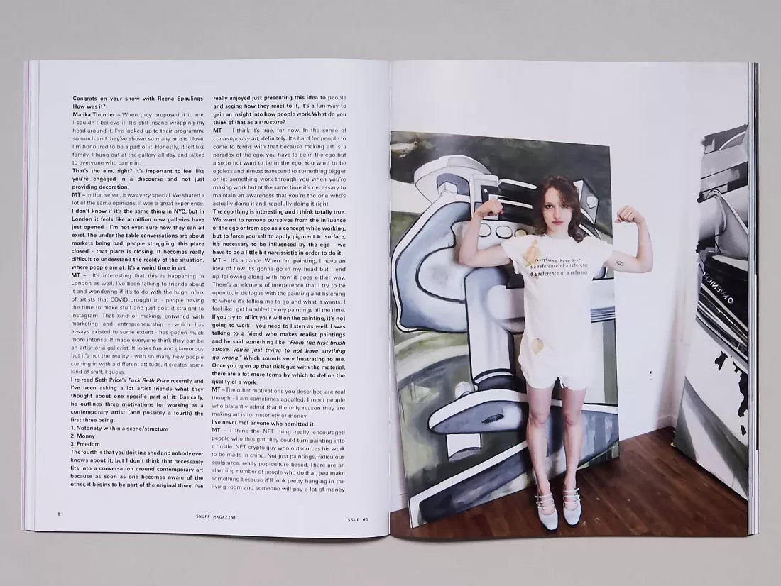 Open book, the page to one side a woman stood up posing for the camera, and the other side being a transcript of an interview,  available  to buy on the-salon.com. SALON curates the finest , unique, handmade pieces from the interior industry's best makers and brands. Shop luxury furniture, lighting, rugs, art, antiques and vintage pieces and accessories from SALON interior designed rooms.