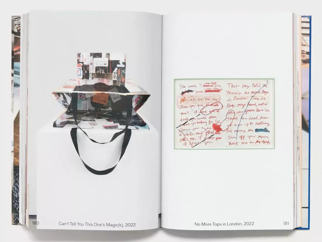 An image of an open book, one page with a postcard with red writing and the other an open bag on a white table,  available  to buy on the-salon.com. SALON curates the finest , unique, handmade pieces from the interior industry's best makers and brands. Shop luxury furniture, lighting, rugs, art, antiques and vintage pieces and accessories from SALON interior designed rooms.