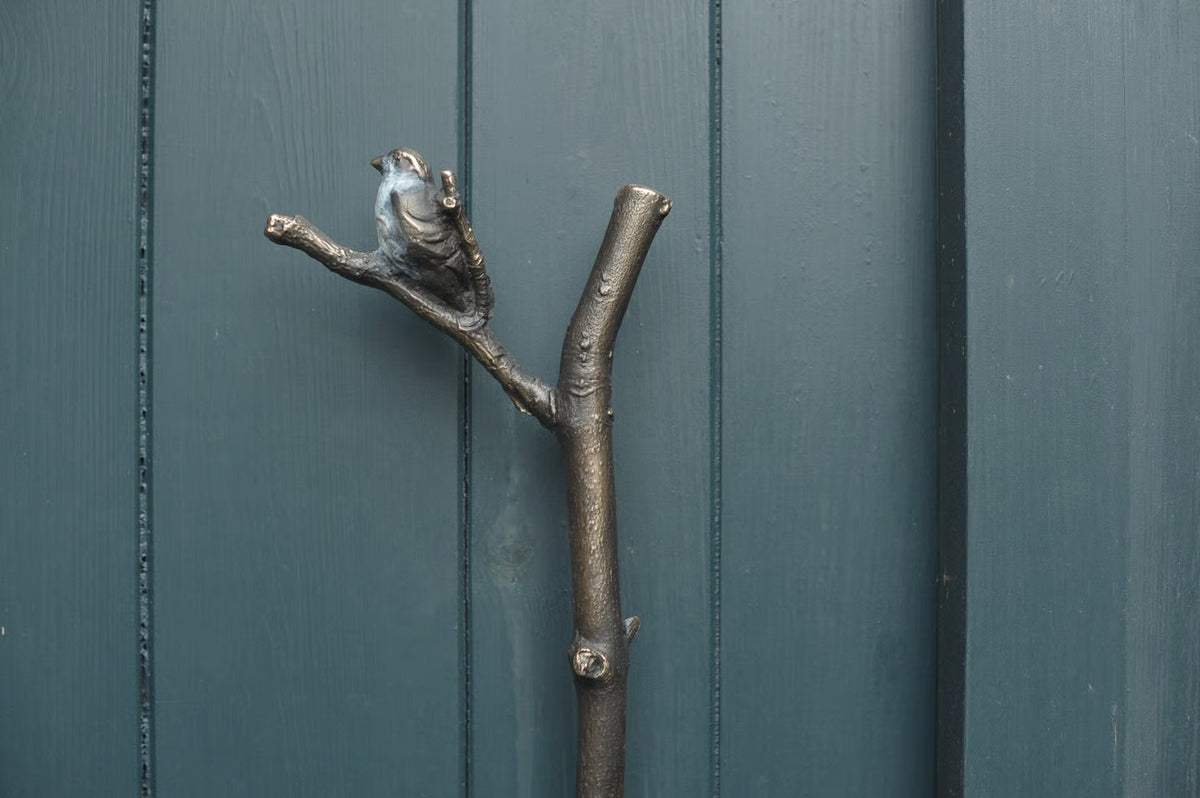 CHESTNUT BRANCH PULL WITH PERCHED SPARROW
