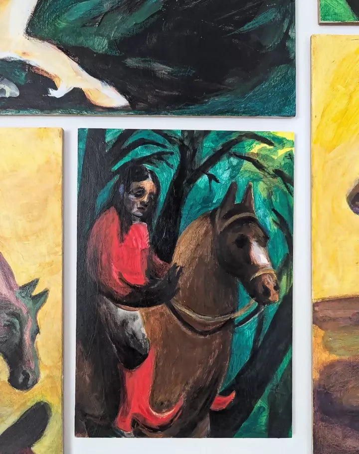 A painting featuring a rider in red attire ona bay horse, with a backdrop of greenery,available  to buy on the-salon.com. SALON curates the finest , unique, handmade pieces from the interior industry's best makers and brands. Shop luxury furniture, lighting, rugs, art, antiques and vintage pieces and accessories from SALON interior designed rooms.  