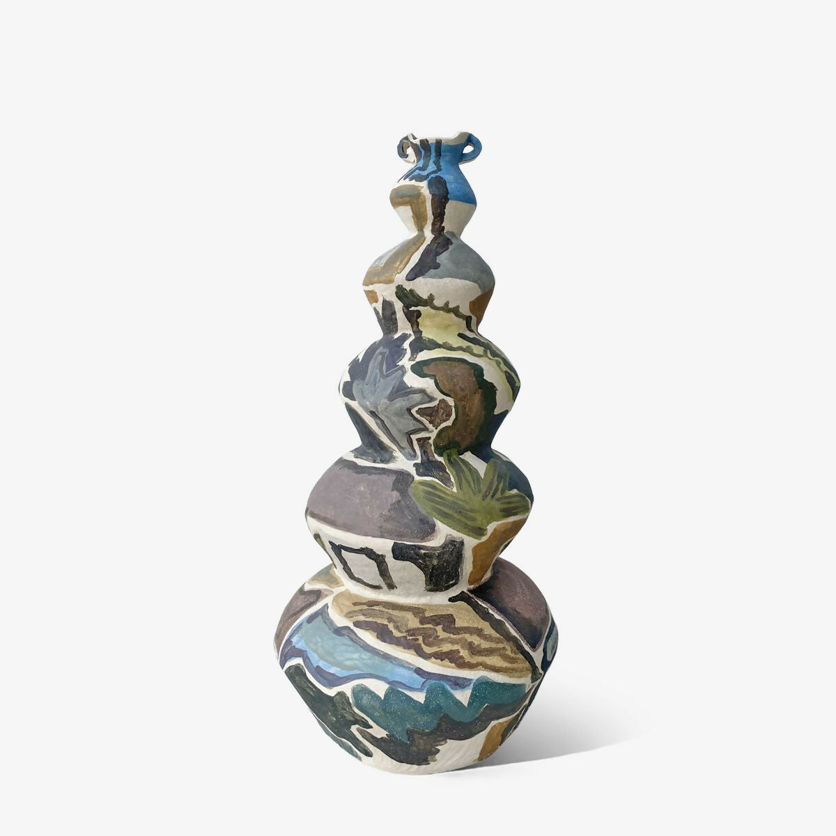 Stacked ceramic vases with abstract patterns on a white background,  available  to buy on the-salon.com. SALON curates the finest , unique, handmade pieces from the interior industry's best makers and brands. Shop luxury furniture, lighting, rugs, art, antiques and vintage pieces and accessories from SALON interior designed rooms.