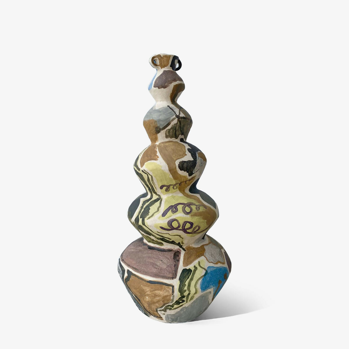 A hand-built stoneware ceramic sculpture with an abstract design, featuring multiple colour layers and two decorative handles,  available  to buy on the-salon.com. SALON curates the finest , unique, handmade pieces from the interior industry's best makers and brands. Shop luxury furniture, lighting, rugs, art, antiques and vintage pieces and accessories from SALON interior designed rooms.