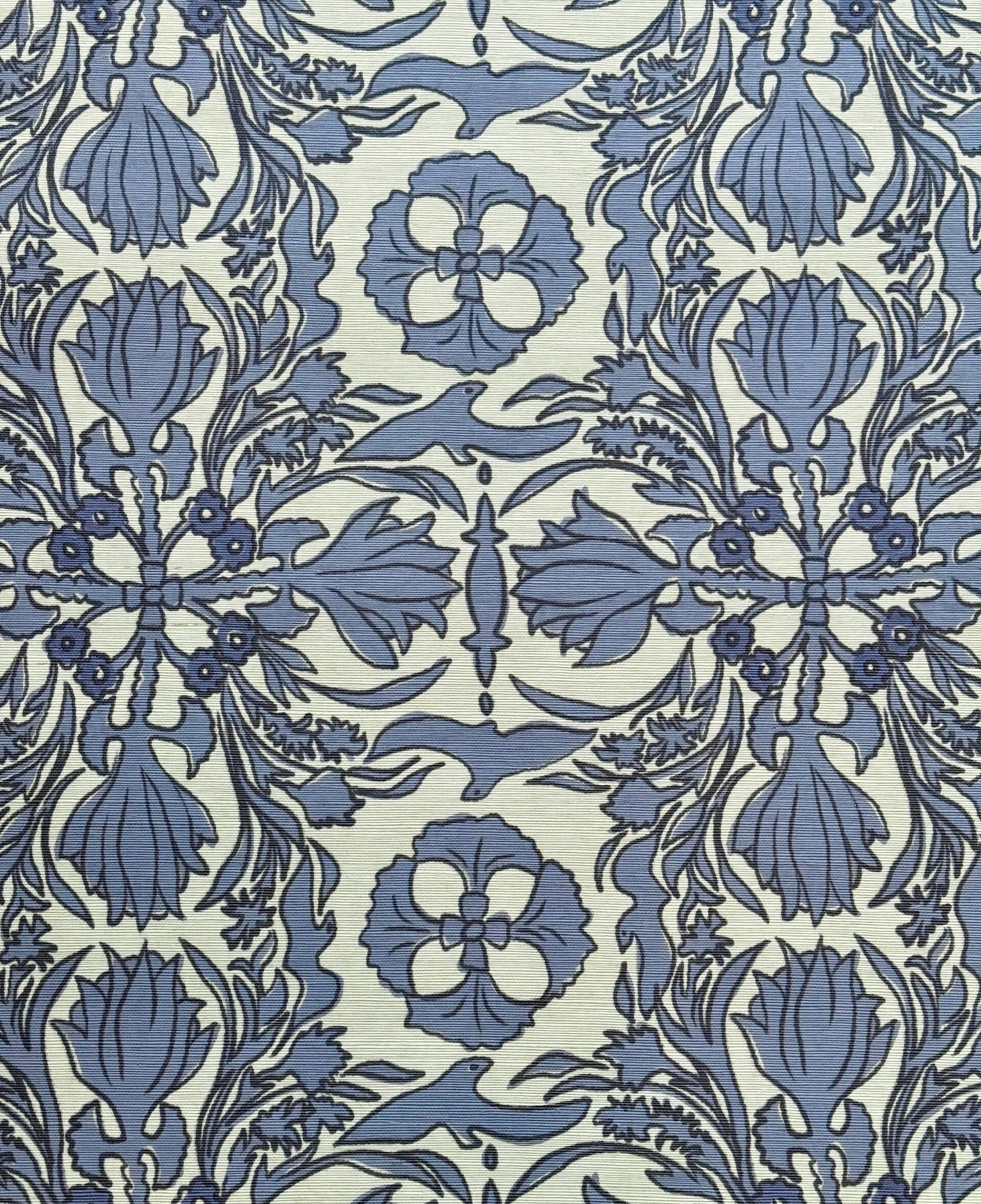 A section of wallpaper with a floral pattern in shades of blue, featuring a decorative design, available  to buy on the-salon.com. SALON curates the finest , unique, handmade pieces from the interior industry's best makers and brands. Shop luxury furniture, lighting, rugs, art, antiques and vintage pieces and accessories from SALON interior designed rooms.