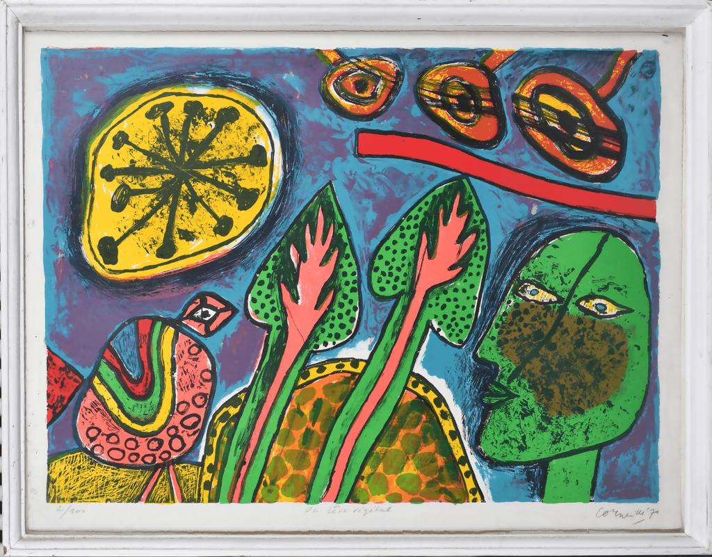 A colorful abstract art print or painting in a white frame, featuring a green human face, green leafy forms, a yellow circular motif, and a pink patterned bird on a blue and purple background.