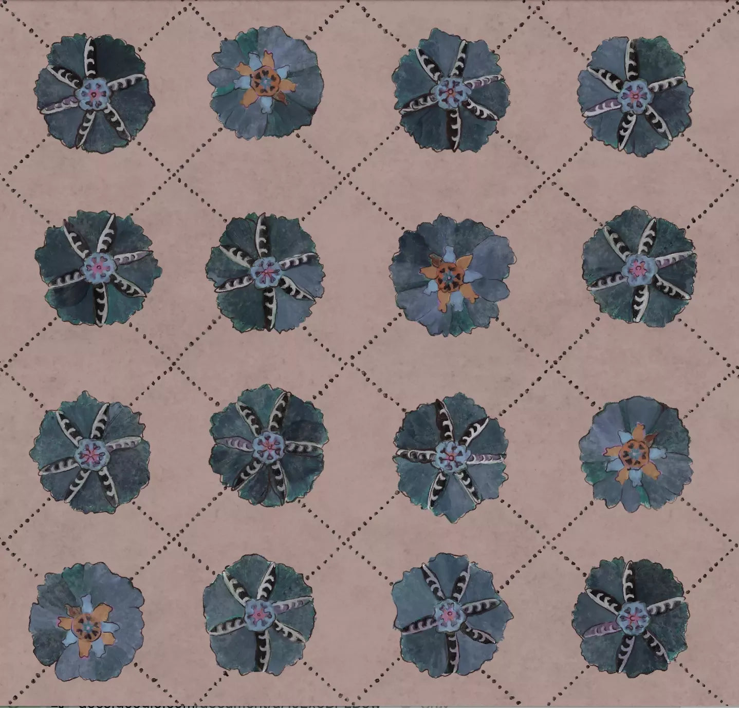 Swatch of SUZANI wallpaper with a geometric pattern featuring a blue vase with yellow flowers in the center, available  to buy on the-salon.com. SALON curates the finest , unique, handmade pieces from the interior industry's best makers and brands. Shop luxury furniture, lighting, rugs, art, antiques and vintage pieces and accessories from SALON interior designed rooms.