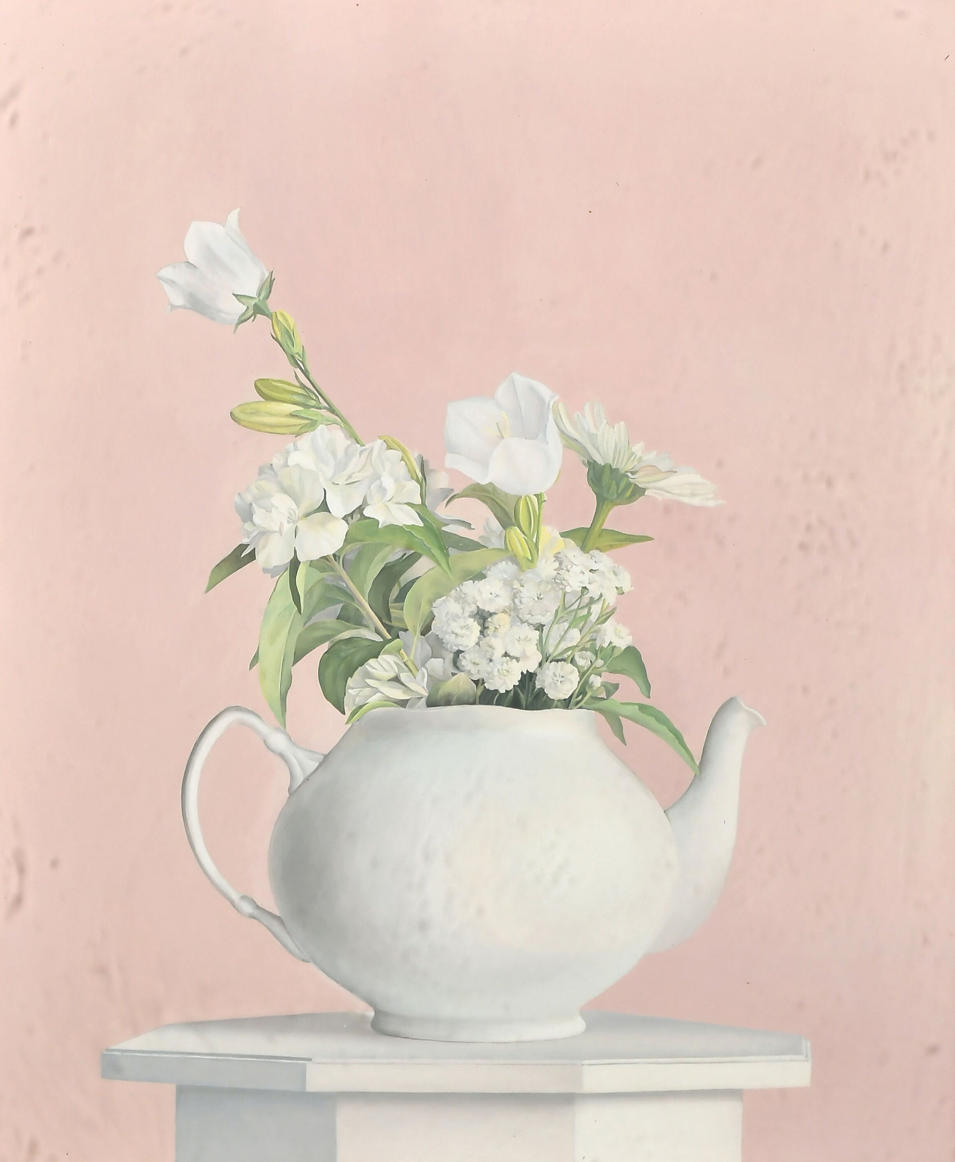 A print of a white teapot with flowers on a pink background. Shop on SALON