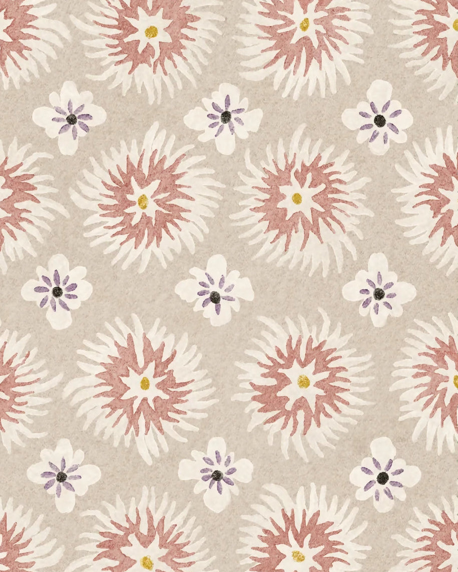 Patterned fabric with pink and white floral design on a beige background