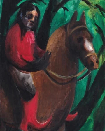 A painting featuring a rider in red attire ona bay horse, with a backdrop of greenery,available  to buy on the-salon.com. SALON curates the finest , unique, handmade pieces from the interior industry's best makers and brands. Shop luxury furniture, lighting, rugs, art, antiques and vintage pieces and accessories from SALON interior designed rooms.  