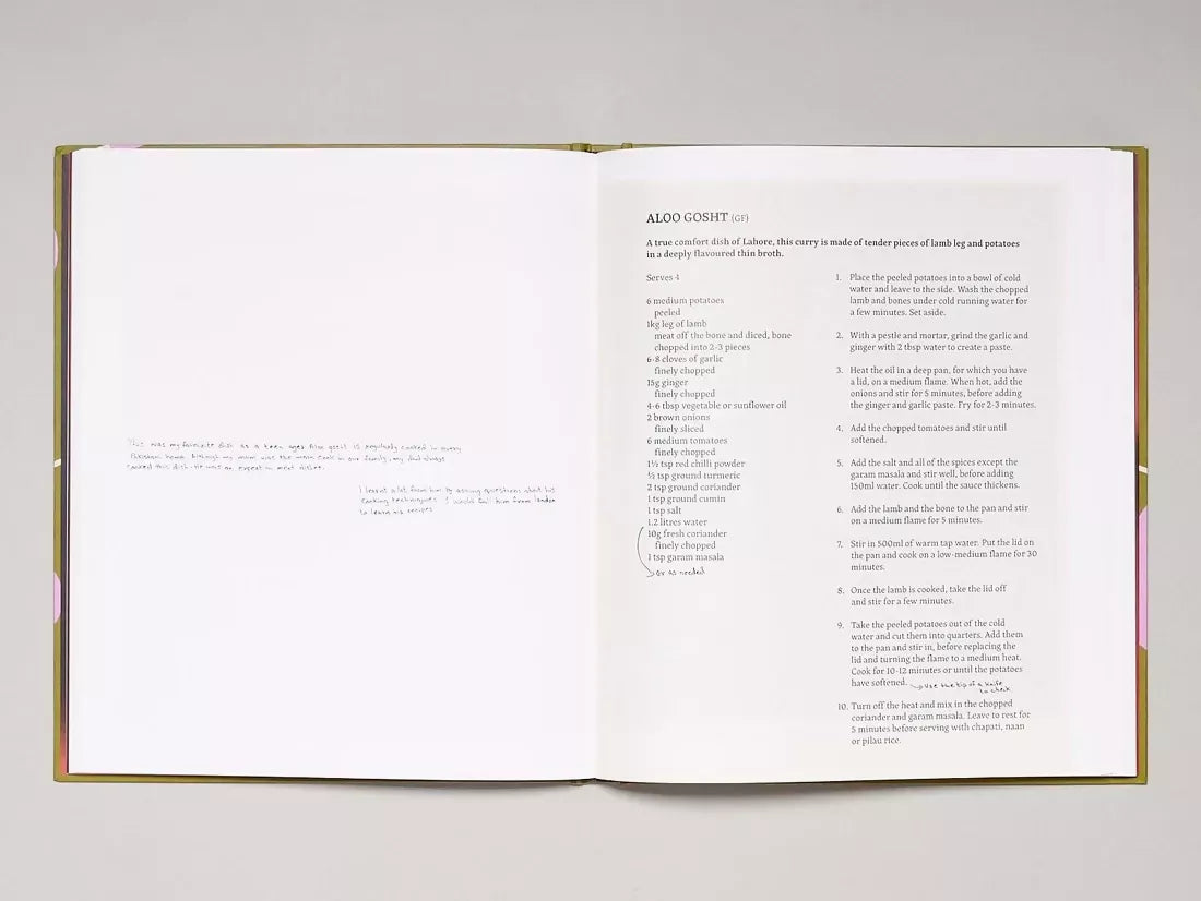 Open book, page open to a recipe of aloo gosht and the other page being little notes ,  available  to buy on the-salon.com. SALON curates the finest , unique, handmade pieces from the interior industry's best makers and brands. Shop luxury furniture, lighting, rugs, art, antiques and vintage pieces and accessories from SALON interior designed rooms.