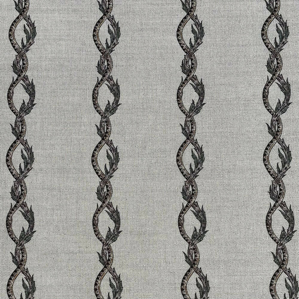 A fabric featuring a striped pattern with detailed leaf-like designs in a black and gray color palette on a beige background, available  to buy on the-salon.com. SALON curates the finest , unique, handmade pieces from the interior industry's best makers and brands. Shop luxury furniture, lighting, rugs, art, antiques and vintage pieces and accessories from SALON interior designed rooms.