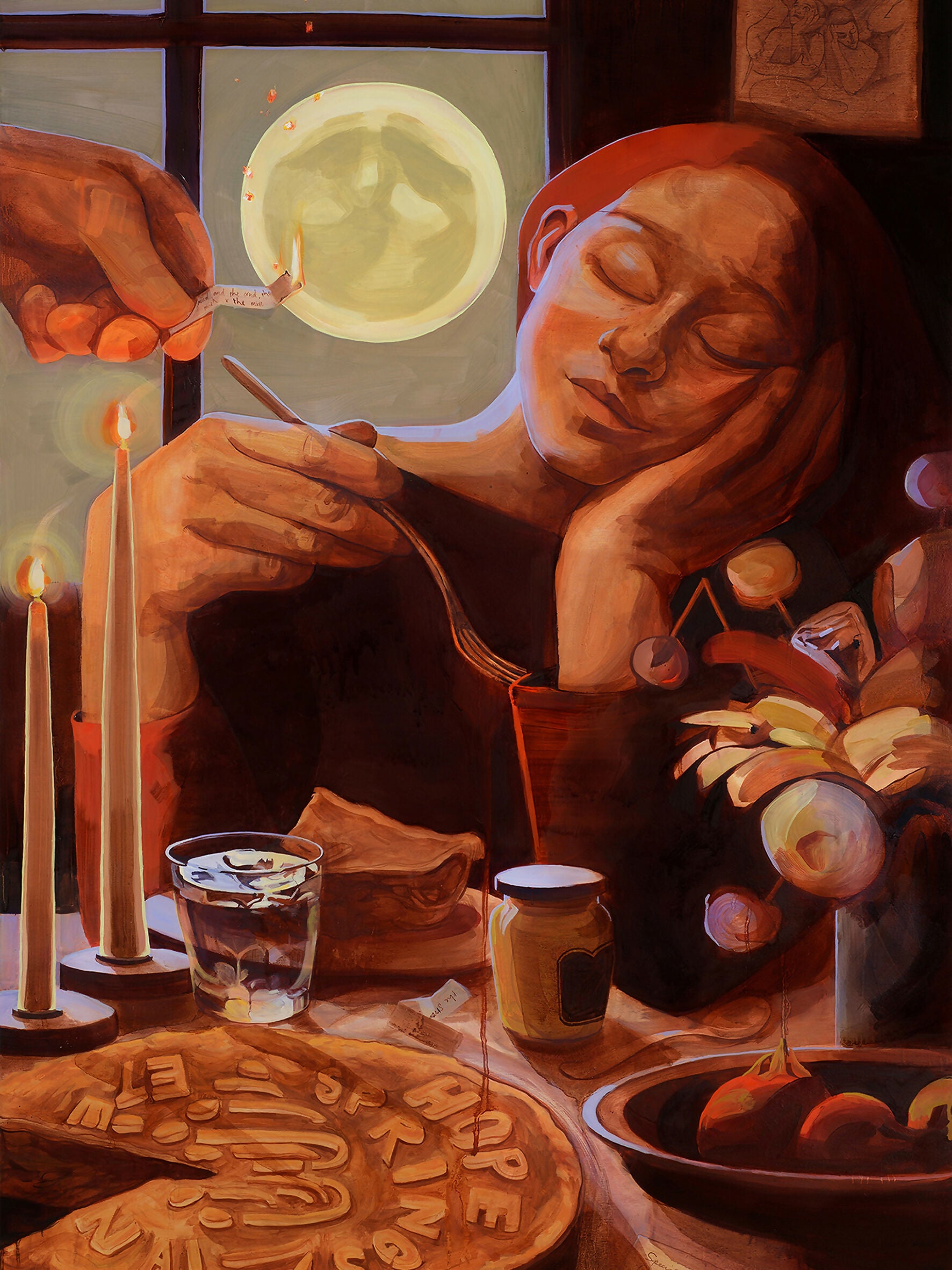 Artistic depiction of a person spooning something from a dish, with candles and food in the background, available  to buy on the-salon.com. SALON curates the finest , unique, handmade pieces from the interior industry's best makers and brands. Shop luxury furniture, lighting, rugs, art, antiques and vintage pieces and accessories from SALON interior designed rooms.