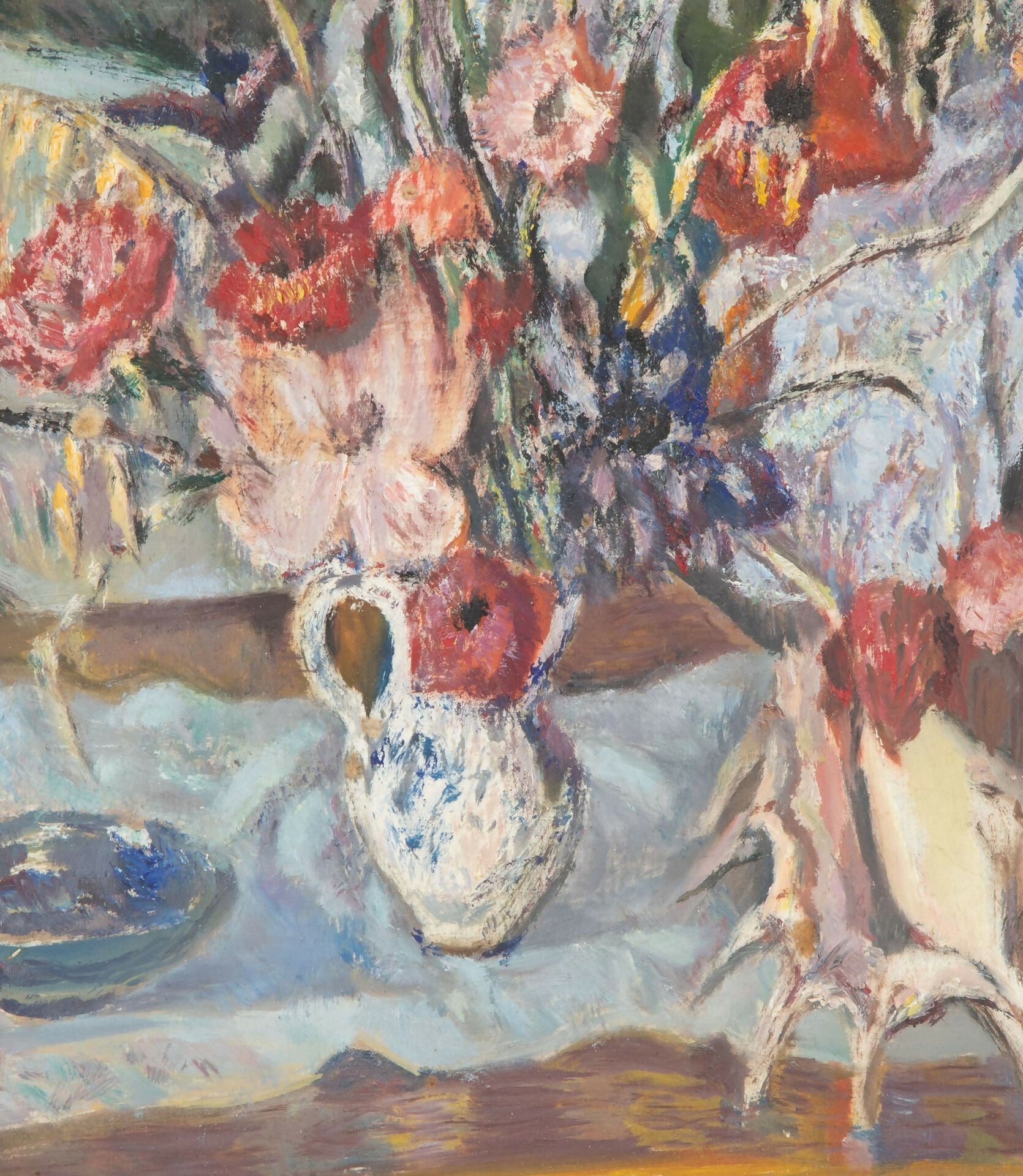 Painting of flowers and a vase on a table with a textured background,  available  to buy on the-salon.com. SALON curates the finest , unique, handmade pieces from the interior industry's best makers and brands. Shop luxury furniture, lighting, rugs, art, antiques and vintage pieces and accessories from SALON interior designed rooms.