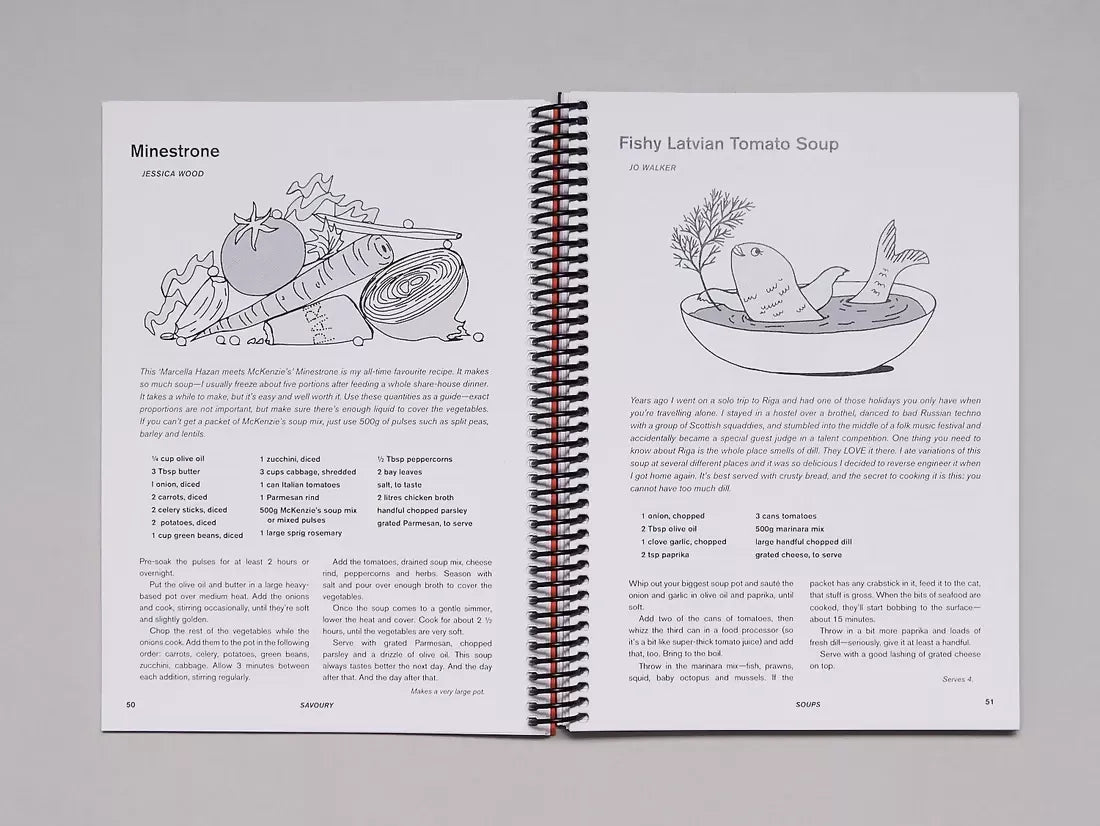 Open book, pages to recipes of Fishy Latvian tomato soup and minestrone, available  to buy on the-salon.com. SALON curates the finest , unique, handmade pieces from the interior industry's best makers and brands. Shop luxury furniture, lighting, rugs, art, antiques and vintage pieces and accessories from SALON interior designed rooms.