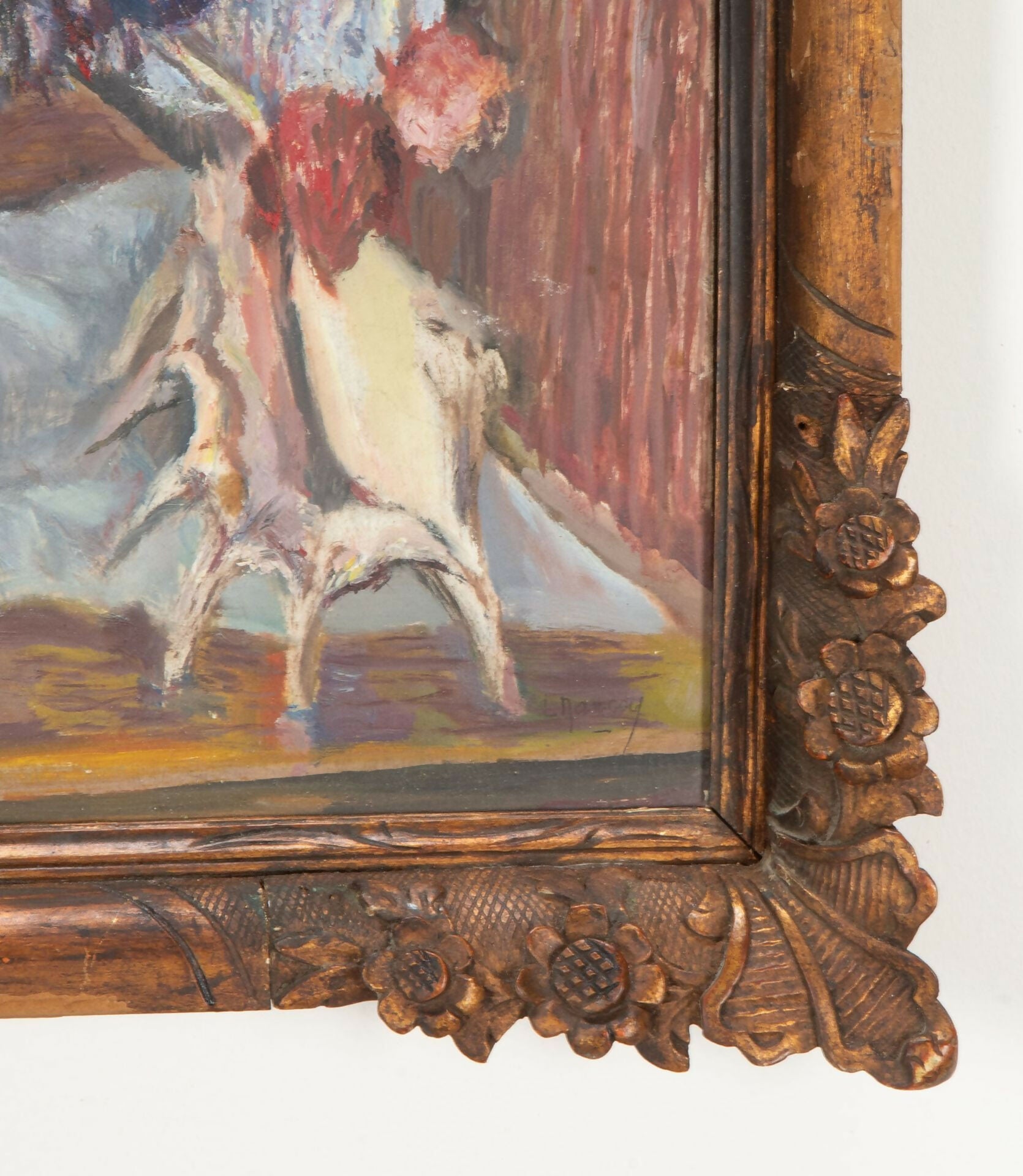Close-up of a painting with a detailed wooden frame,  available  to buy on the-salon.com. SALON curates the finest , unique, handmade pieces from the interior industry's best makers and brands. Shop luxury furniture, lighting, rugs, art, antiques and vintage pieces and accessories from SALON interior designed rooms.