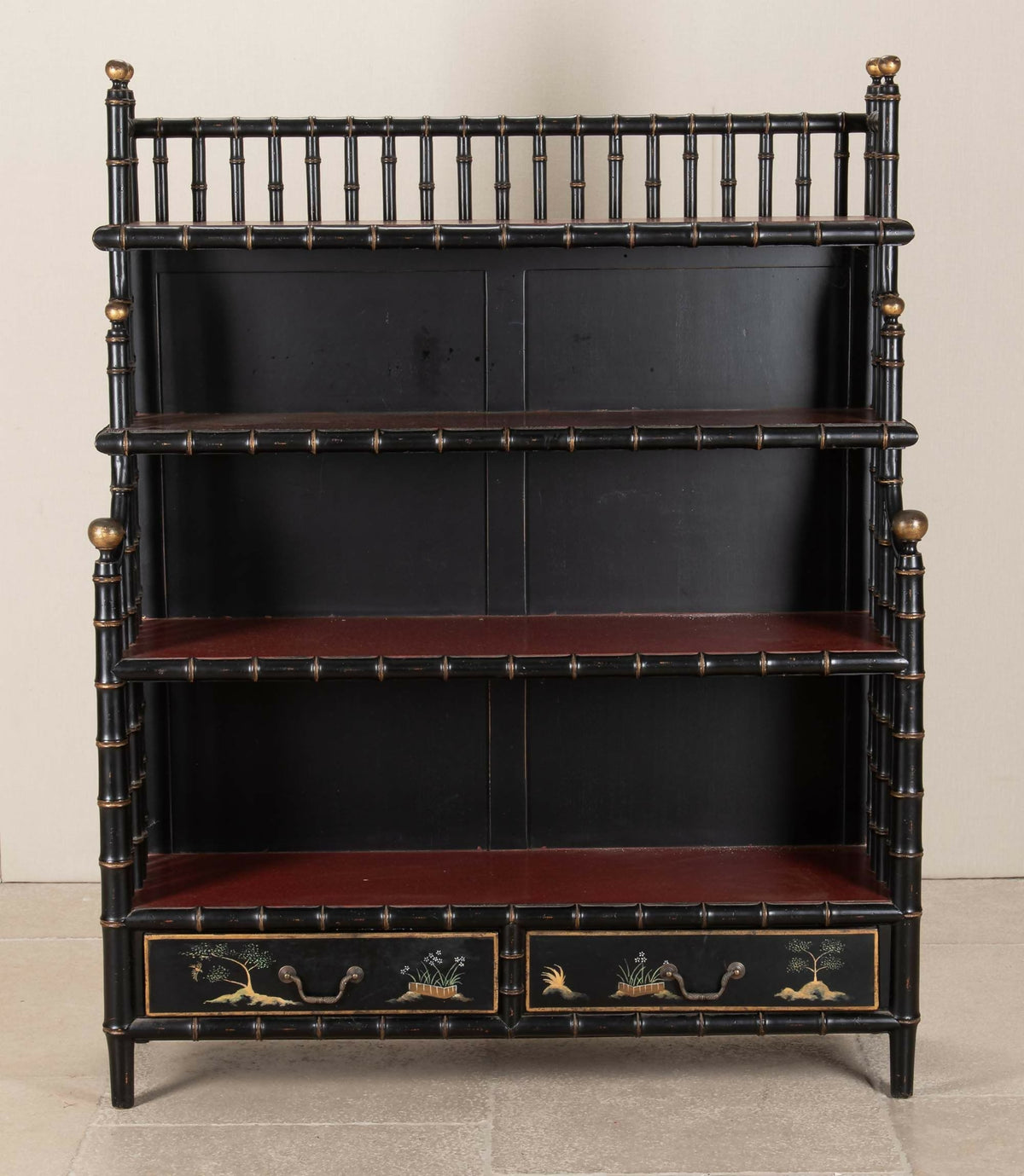 LARGE MID-20TH CENTURY ITALIAN FAUX BAMBOO ÉTAGÈRE WITH CHINOISERIE DRAWERS