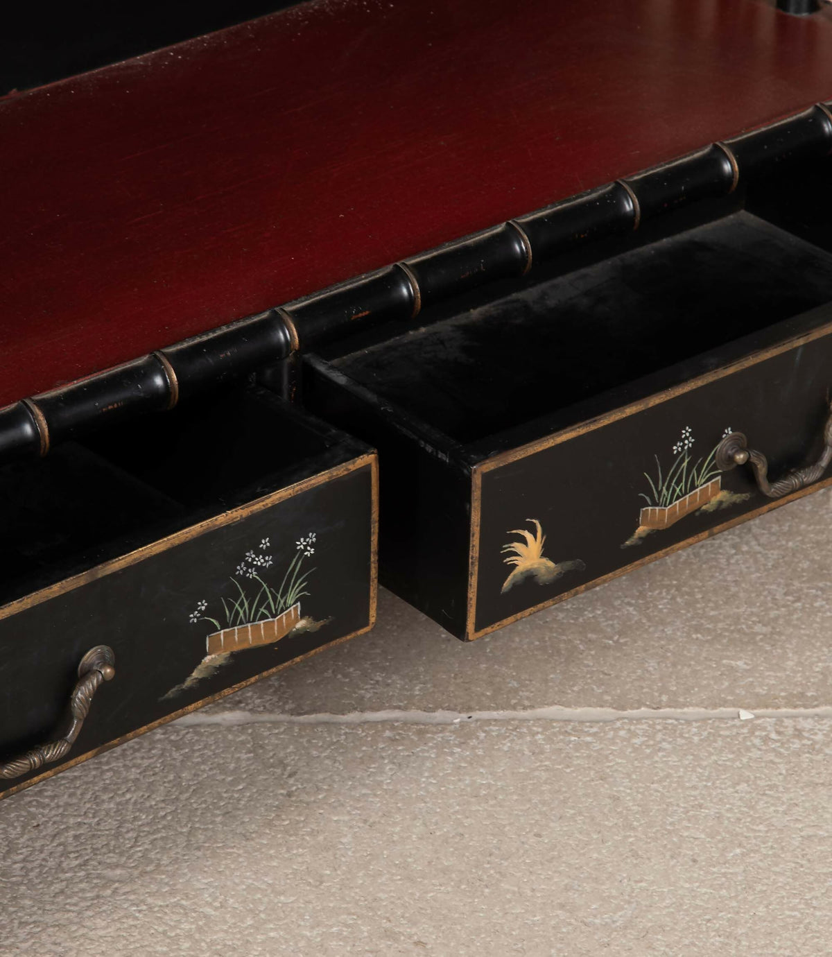 LARGE MID-20TH CENTURY ITALIAN FAUX BAMBOO ÉTAGÈRE WITH CHINOISERIE DRAWERS