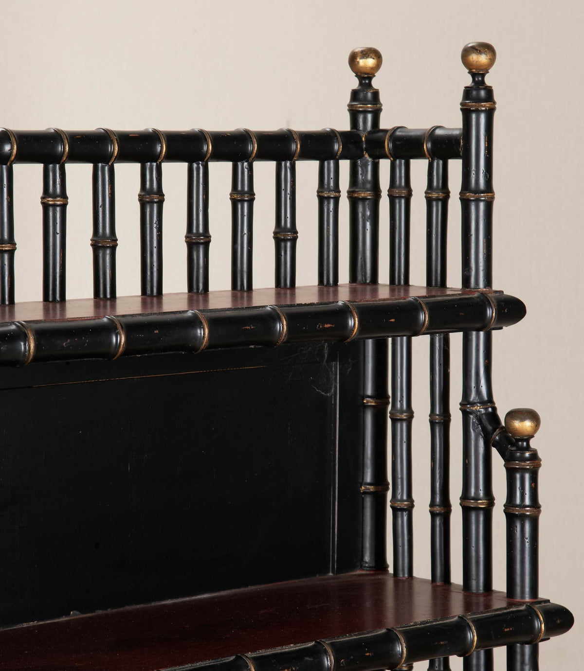 LARGE MID-20TH CENTURY ITALIAN FAUX BAMBOO ÉTAGÈRE WITH CHINOISERIE DRAWERS