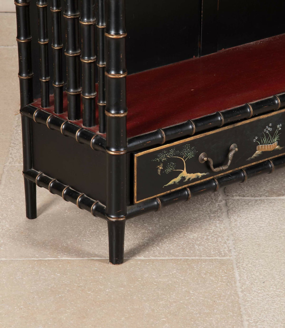 LARGE MID-20TH CENTURY ITALIAN FAUX BAMBOO ÉTAGÈRE WITH CHINOISERIE DRAWERS