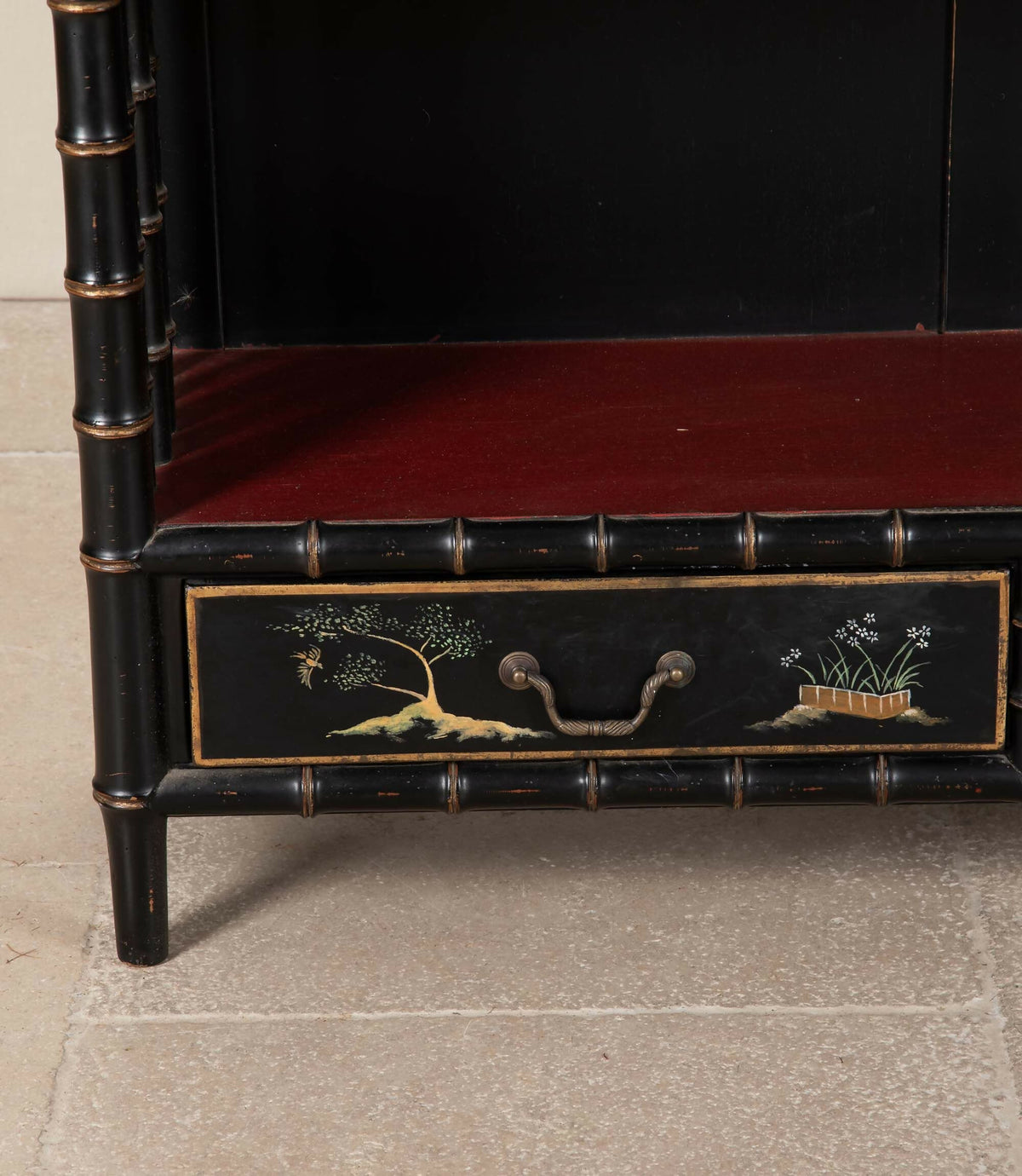 LARGE MID-20TH CENTURY ITALIAN FAUX BAMBOO ÉTAGÈRE WITH CHINOISERIE DRAWERS