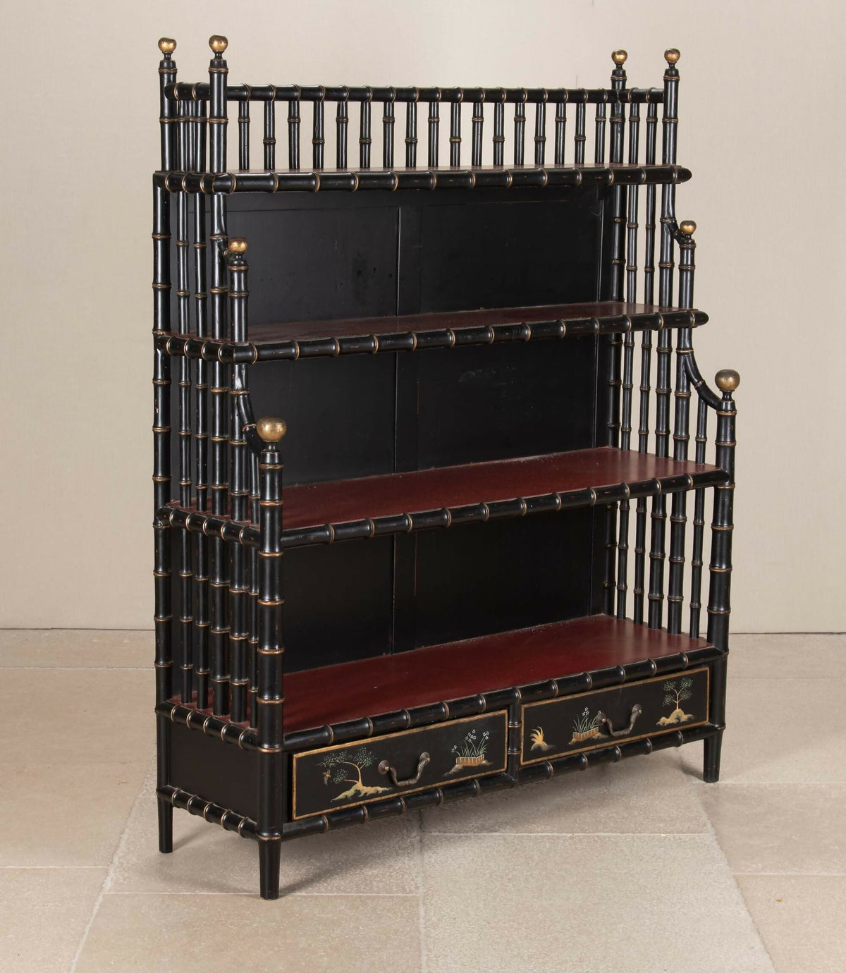 LARGE MID-20TH CENTURY ITALIAN FAUX BAMBOO ÉTAGÈRE WITH CHINOISERIE DRAWERS