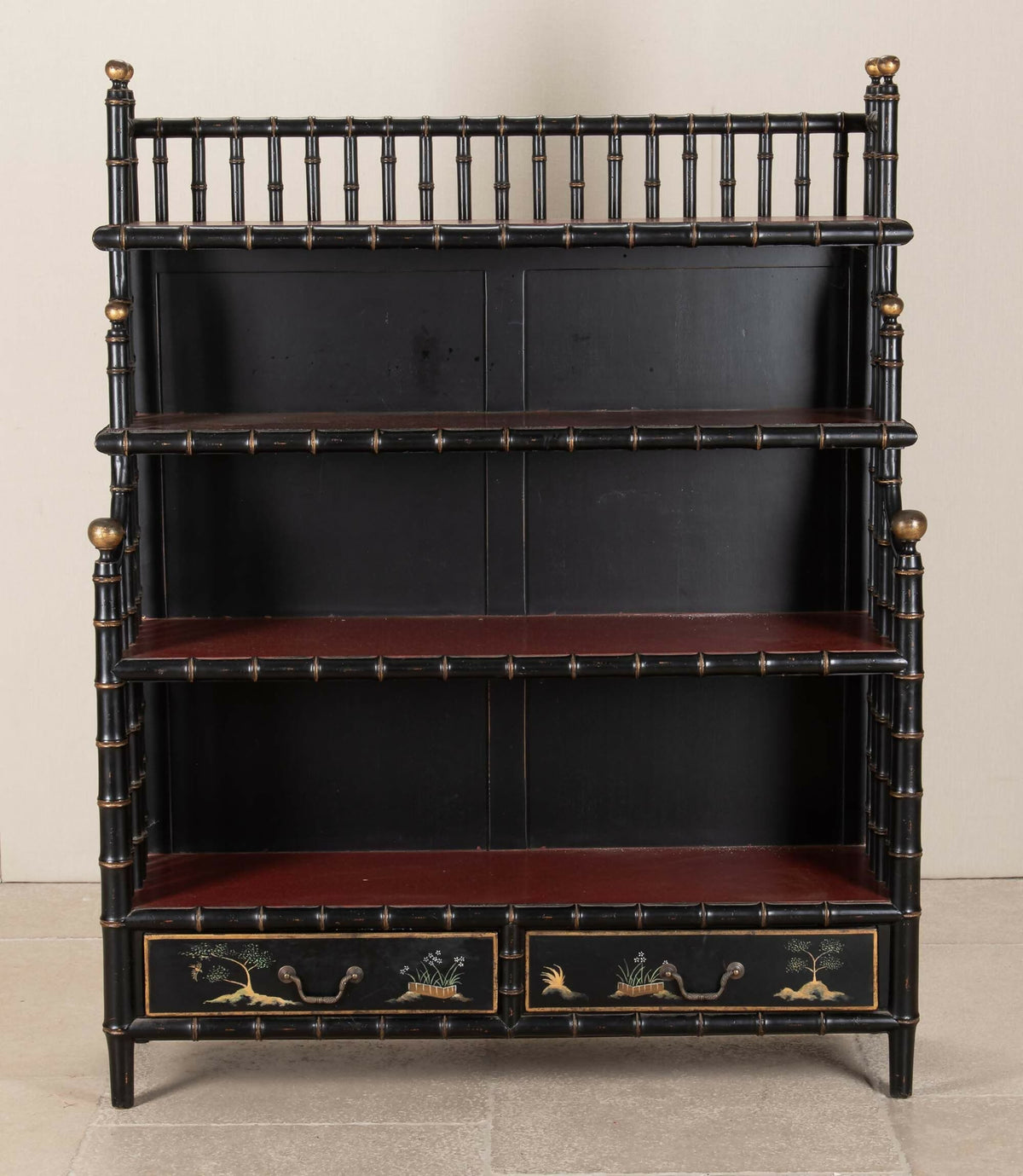 LARGE MID-20TH CENTURY ITALIAN FAUX BAMBOO ÉTAGÈRE WITH CHINOISERIE DRAWERS