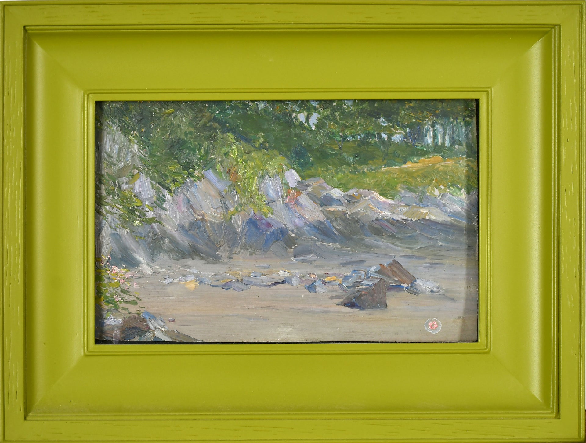Painting of a rocky landscape with greenery, framed in a green border.