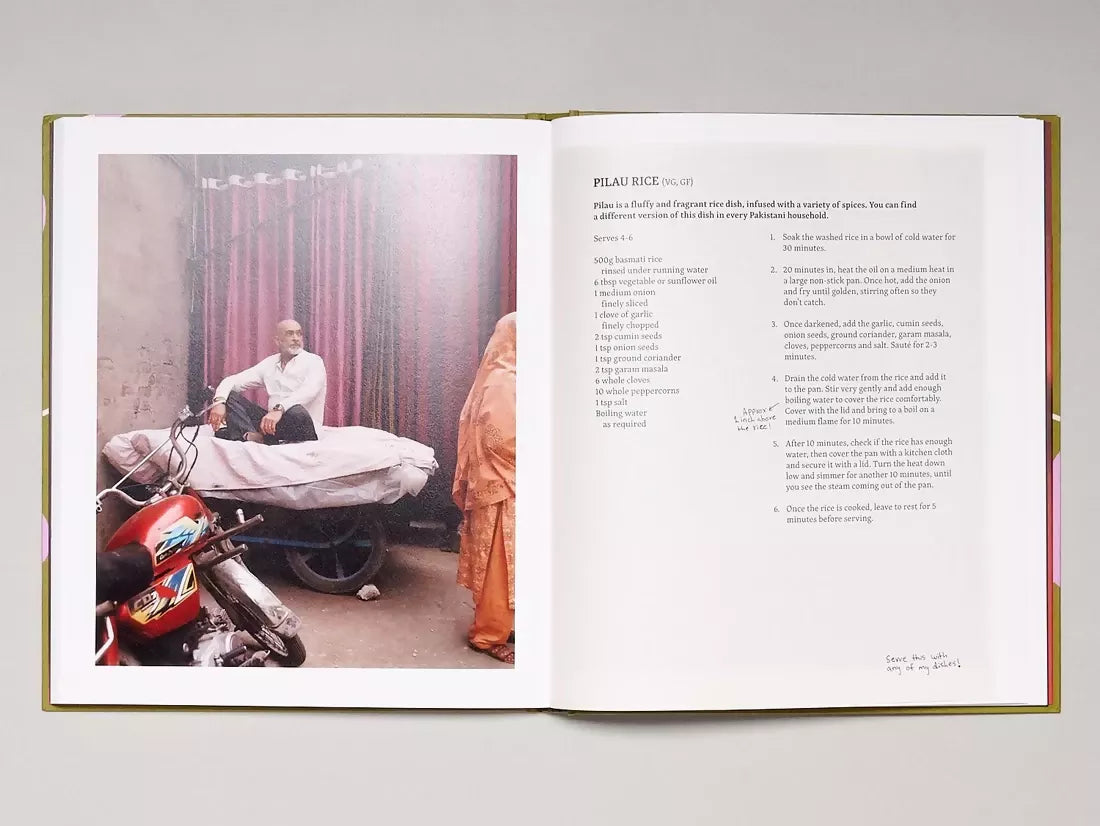 Open book, pages to a recipe of pilau rice and an image of an older man on a bed,  available  to buy on the-salon.com. SALON curates the finest , unique, handmade pieces from the interior industry's best makers and brands. Shop luxury furniture, lighting, rugs, art, antiques and vintage pieces and accessories from SALON interior designed rooms.