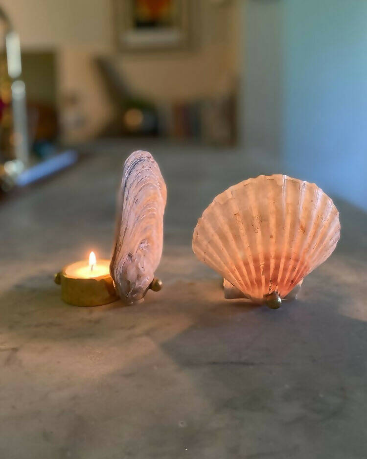 Twowhite scallop shell tea light holders with a gold accent on the bottom, reflecting a soft light,  available  to buy on the-salon.com. SALON curates the finest , unique, handmade pieces from the interior industry's best makers and brands. Shop luxury furniture, lighting, rugs, art, antiques and vintage pieces and accessories from SALON interior designed rooms.