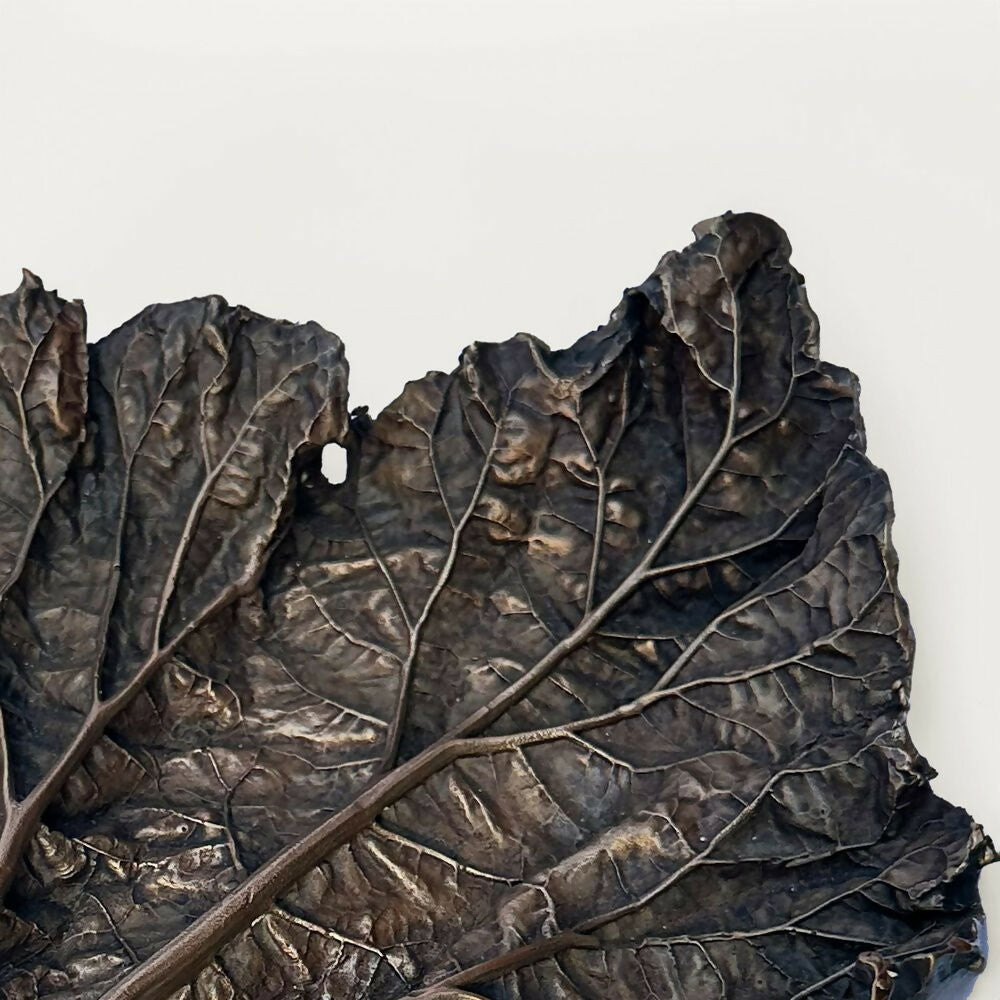 A bronze bowl with a leaf shape, featuring a textured surface and a dark patina finish,  available  to buy on the-salon.com. SALON curates the finest , unique, handmade pieces from the interior industry's best makers and brands. Shop luxury furniture, lighting, rugs, art, antiques and vintage pieces and accessories from SALON interior designed rooms.