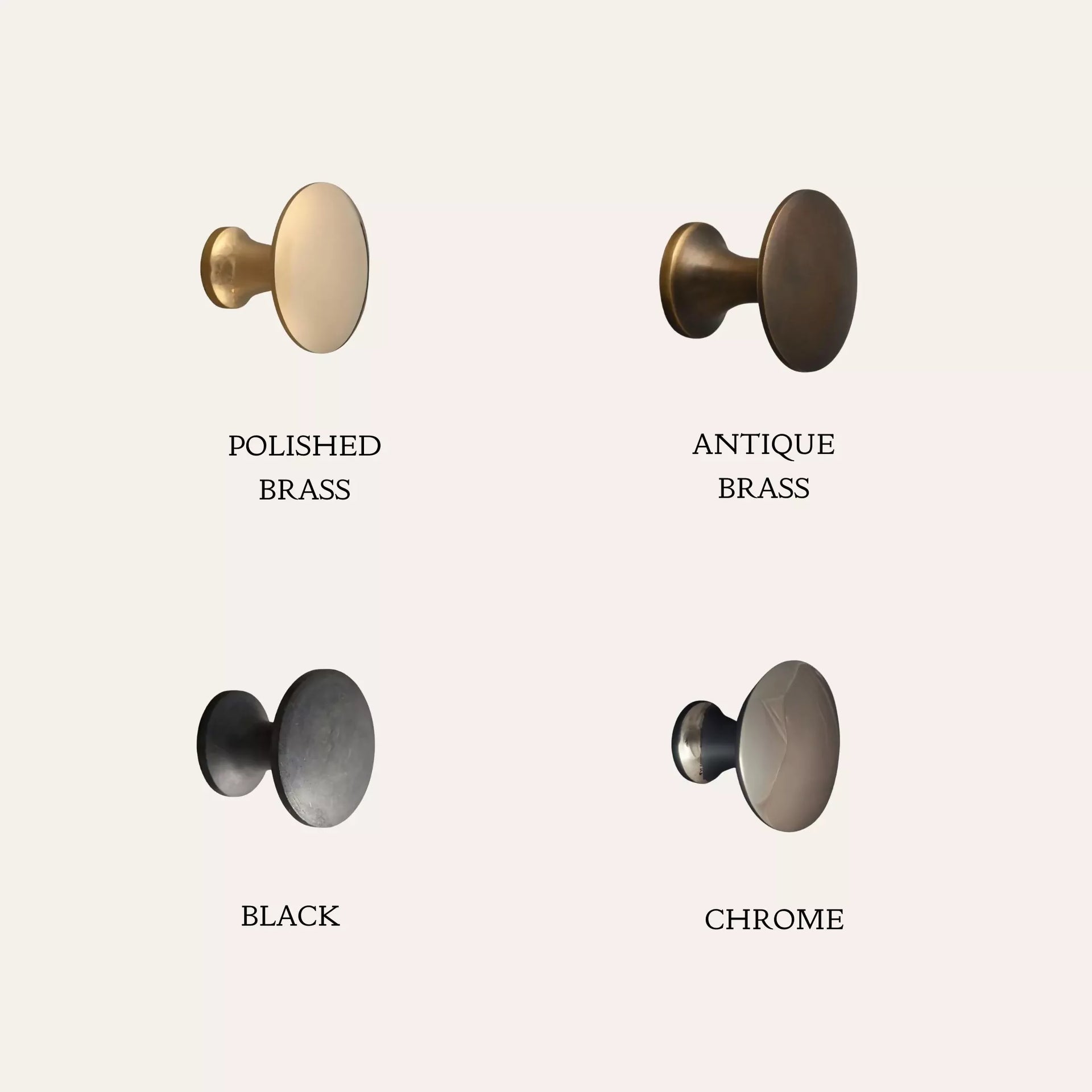 Four cabinet knobs in different finishes on a light background,available to buy from the-salon.com. SALON curates the finest unique handmade pieces from the interior industry's best makers and brands. Shop luxury furniture, lighting, rugs, art, antiques and vintage pieces and accessories from SALON interior designed rooms. 