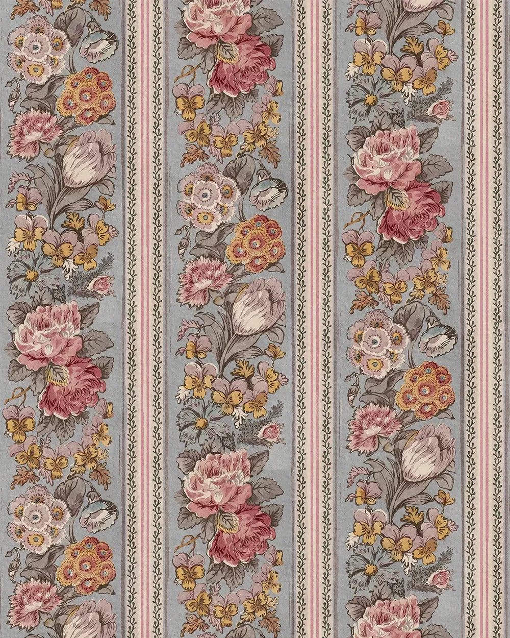 Decorative floral pattern with pink, yellow, and orange flowers on a blue background.