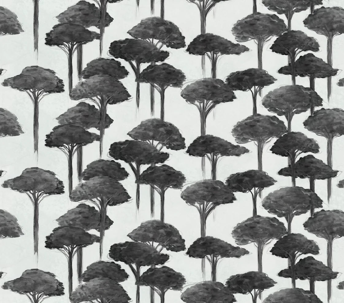 A room with wallpaper featuring a pattern of stylized pine trees and umbrellas in green shades, in black and white,  available  to buy on the-salon.com. SALON curates the finest , unique, handmade pieces from the interior industry's best makers and brands. Shop luxury furniture, lighting, rugs, art, antiques and vintage pieces and accessories from SALON interior designed rooms.