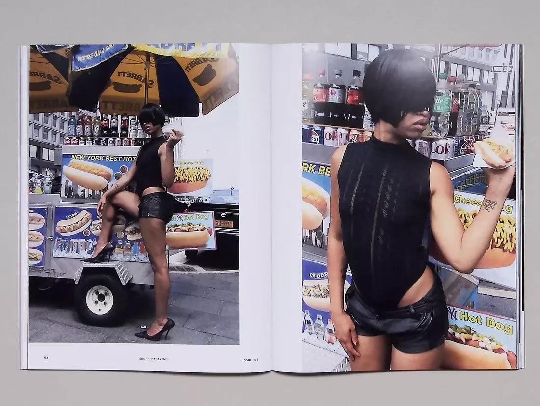 Open book, the page to two images of a woman at a hotdog cart, posing whilst holding a hotdog,  available  to buy on the-salon.com. SALON curates the finest , unique, handmade pieces from the interior industry's best makers and brands. Shop luxury furniture, lighting, rugs, art, antiques and vintage pieces and accessories from SALON interior designed rooms.