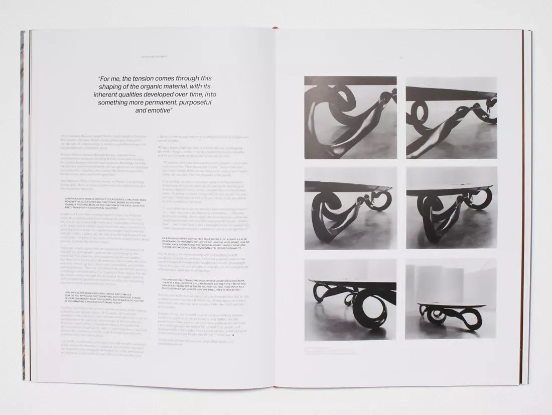 An image of an open book, the pages containing photos of a table at different angles in black and white and another page of text,  available  to buy on the-salon.com. SALON curates the finest , unique, handmade pieces from the interior industry's best makers and brands. Shop luxury furniture, lighting, rugs, art, antiques and vintage pieces and accessories from SALON interior designed rooms.