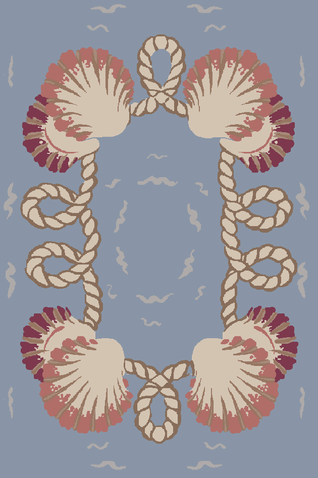 A square textile pattern featuring a central rope-like border with four large scallop shell motifs in cream, dusty pink, and burgundy on a muted blue-gray background.