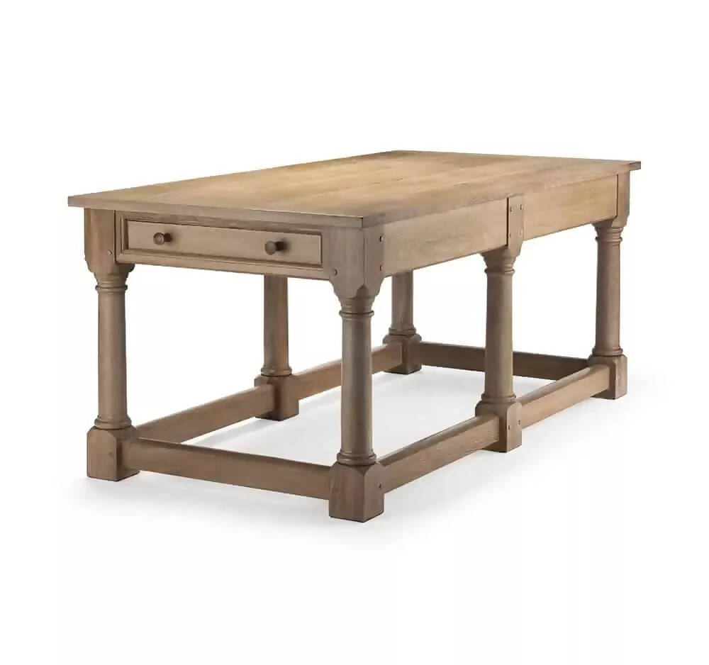 A rectangular wooden refectory table with a drawer at each end and columnar supports,  available  to buy on the-salon.com. SALON curates the finest , unique, handmade pieces from the interior industry's best makers and brands. Shop luxury furniture, lighting, rugs, art, antiques and vintage pieces and accessories from SALON interior designed rooms.