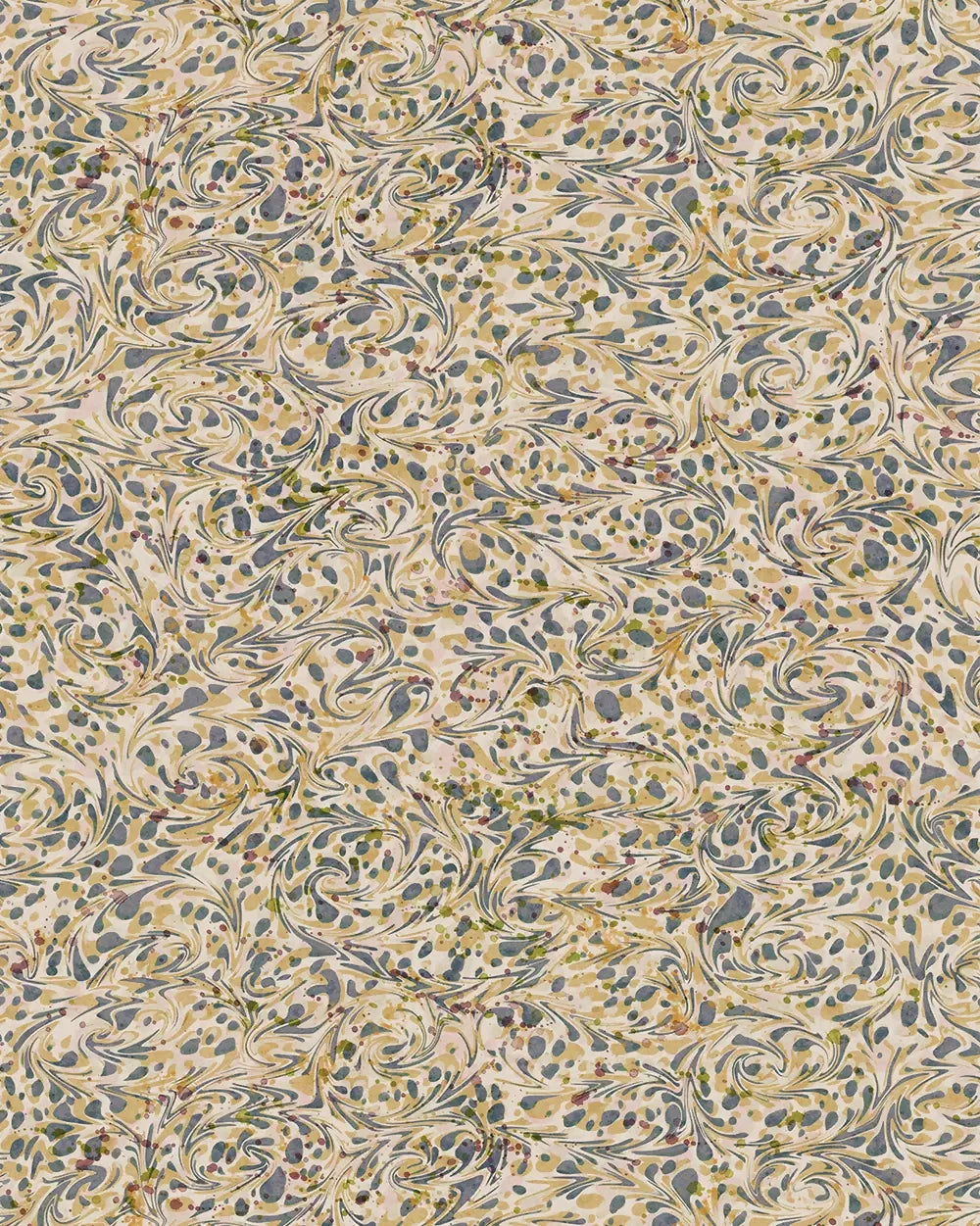 Decorative wallpaper pattern with intricate swirls and floral elements on a beige background