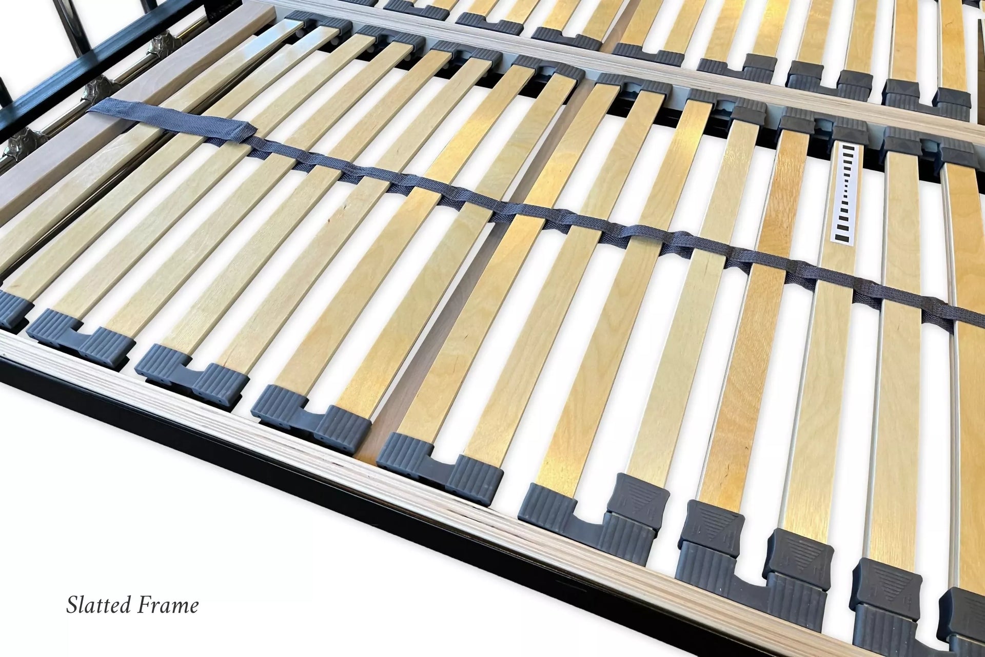 Slatted bed frame with wooden slats and black plastic clips on a white background,available to buy from the-salon.com. SALON curates the finest unique handmade pieces from the interior industry's best makers and brands. Shop luxury furniture, lighting, rugs, art, antiques and vintage pieces and accessories from SALON interior designed rooms. 