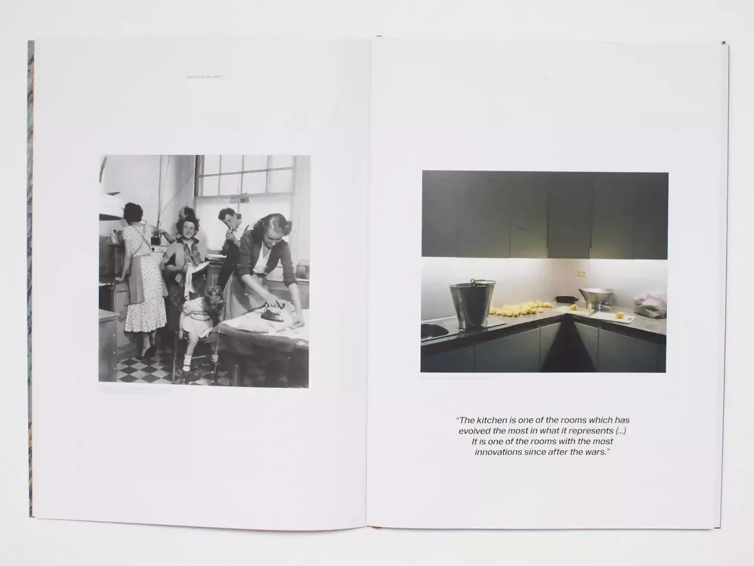 An image of an open book, the pages containing photos of women in a kitchen in black and white from years ago and another image of a modern kitchen, expressing how much it has changed and peoples roles within them,  available  to buy on the-salon.com. SALON curates the finest , unique, handmade pieces from the interior industry's best makers and brands. Shop luxury furniture, lighting, rugs, art, antiques and vintage pieces and accessories from SALON interior designed rooms.