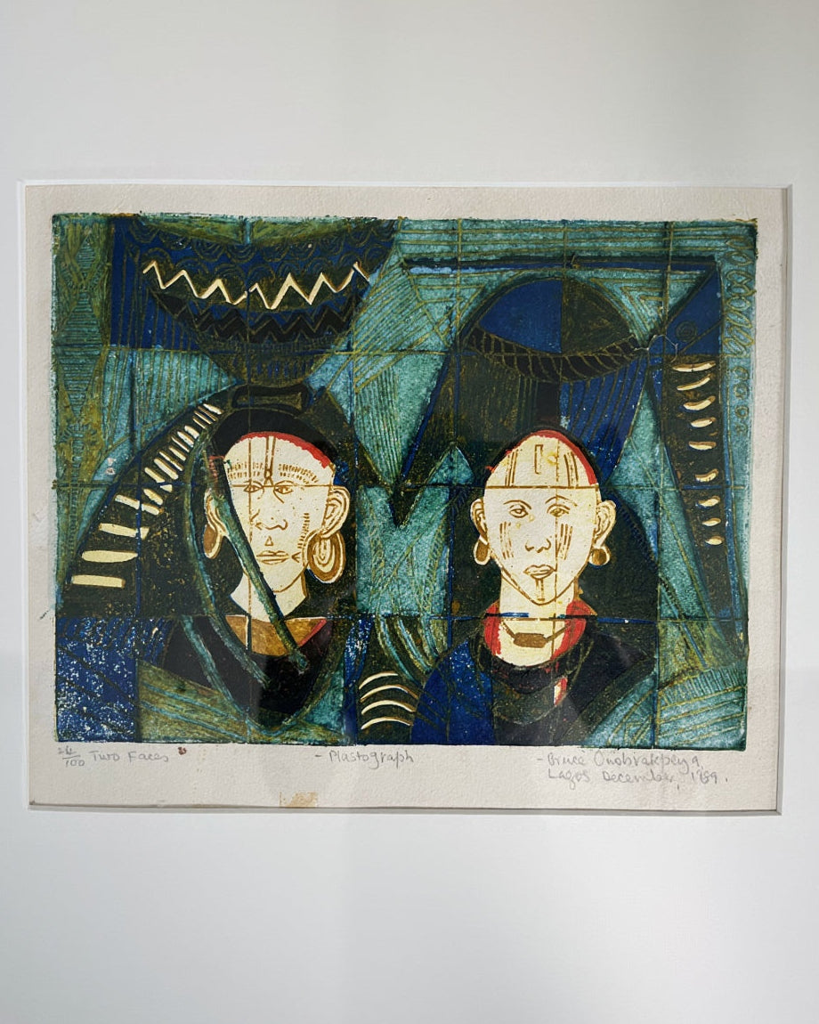 Artistic depiction of two stylized figures with geometric patterns on a blue background
