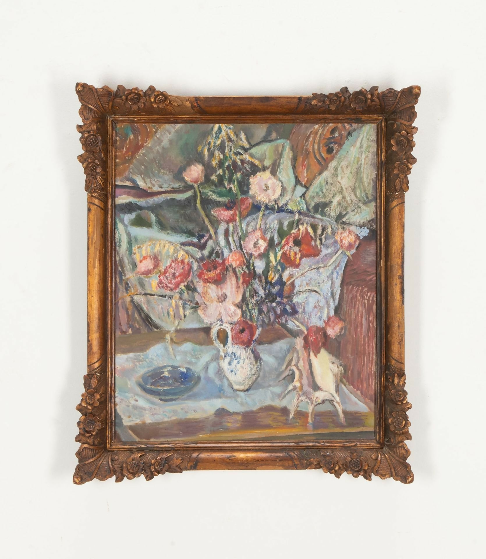 Framed painting of a still life scene with flowers and a dog on a white background,  available  to buy on the-salon.com. SALON curates the finest , unique, handmade pieces from the interior industry's best makers and brands. Shop luxury furniture, lighting, rugs, art, antiques and vintage pieces and accessories from SALON interior designed rooms.