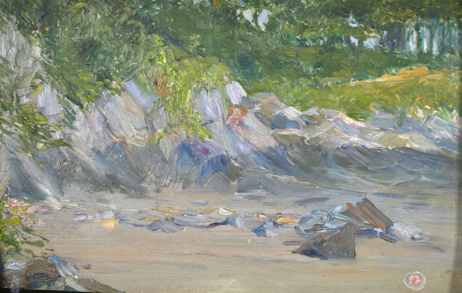 Painting of a rocky shoreline with greenery