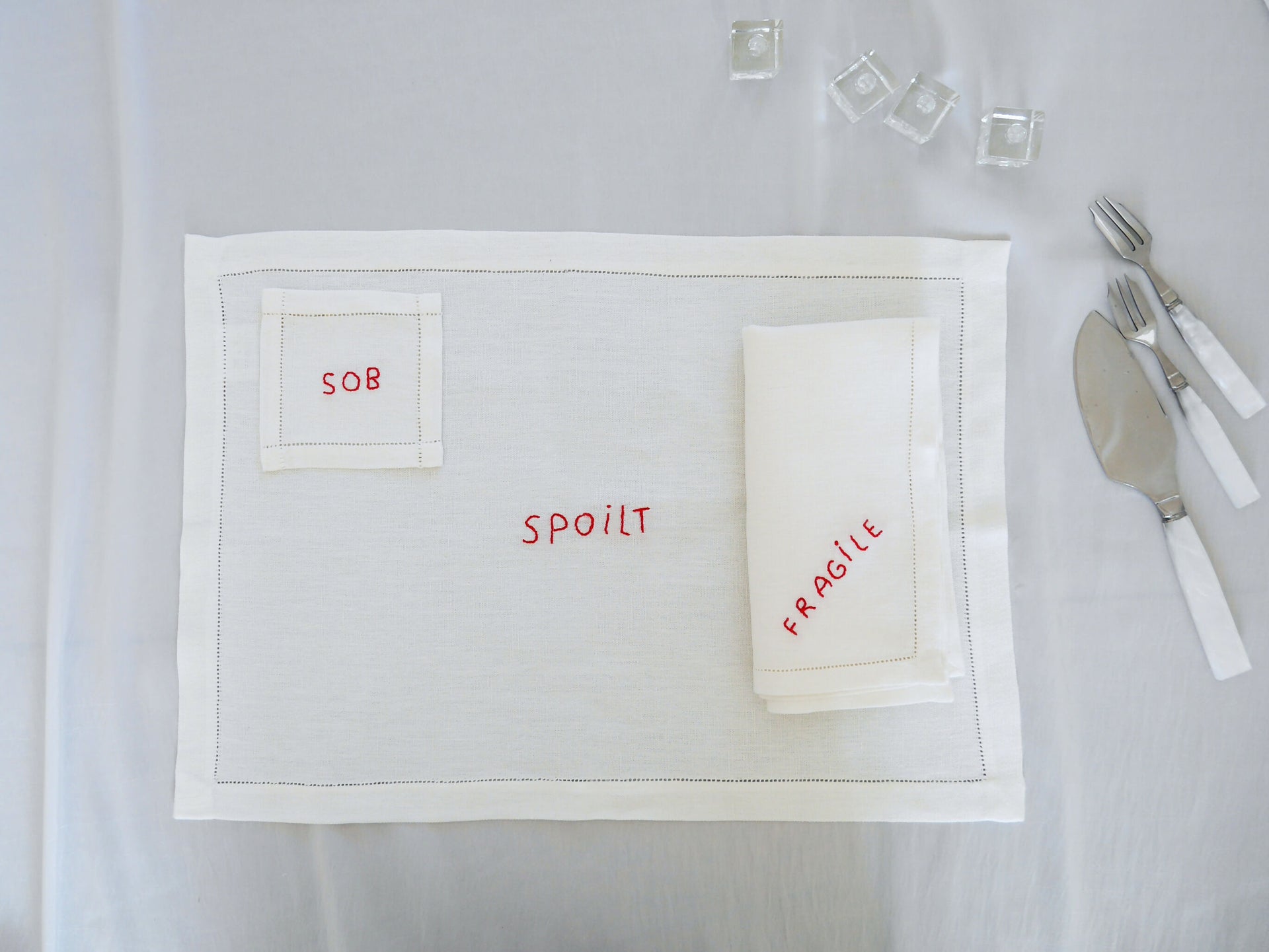 SPOILT HAND EMBROIDERED HEMSTITCH PLACEMATS SET OF 4 BY STUDIES OF BLUE