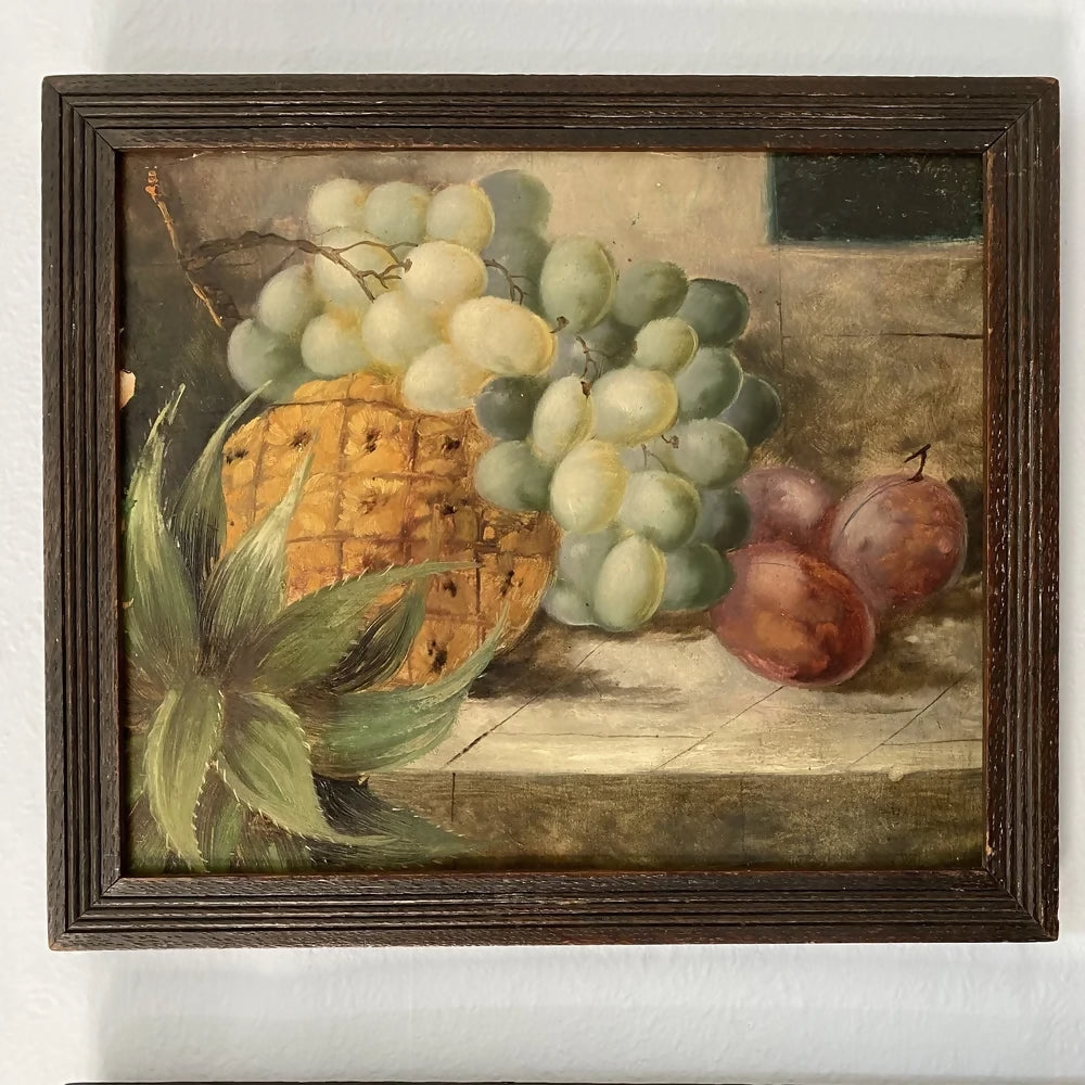 19TH CENTURY FRENCH STILL LIFE OIL PAINTING WITH PINEAPPLE BY RELIC INTERIORS