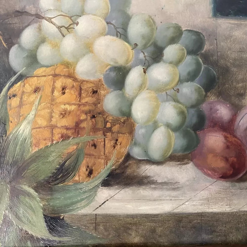 19TH CENTURY FRENCH STILL LIFE OIL PAINTING WITH PINEAPPLE BY RELIC INTERIORS